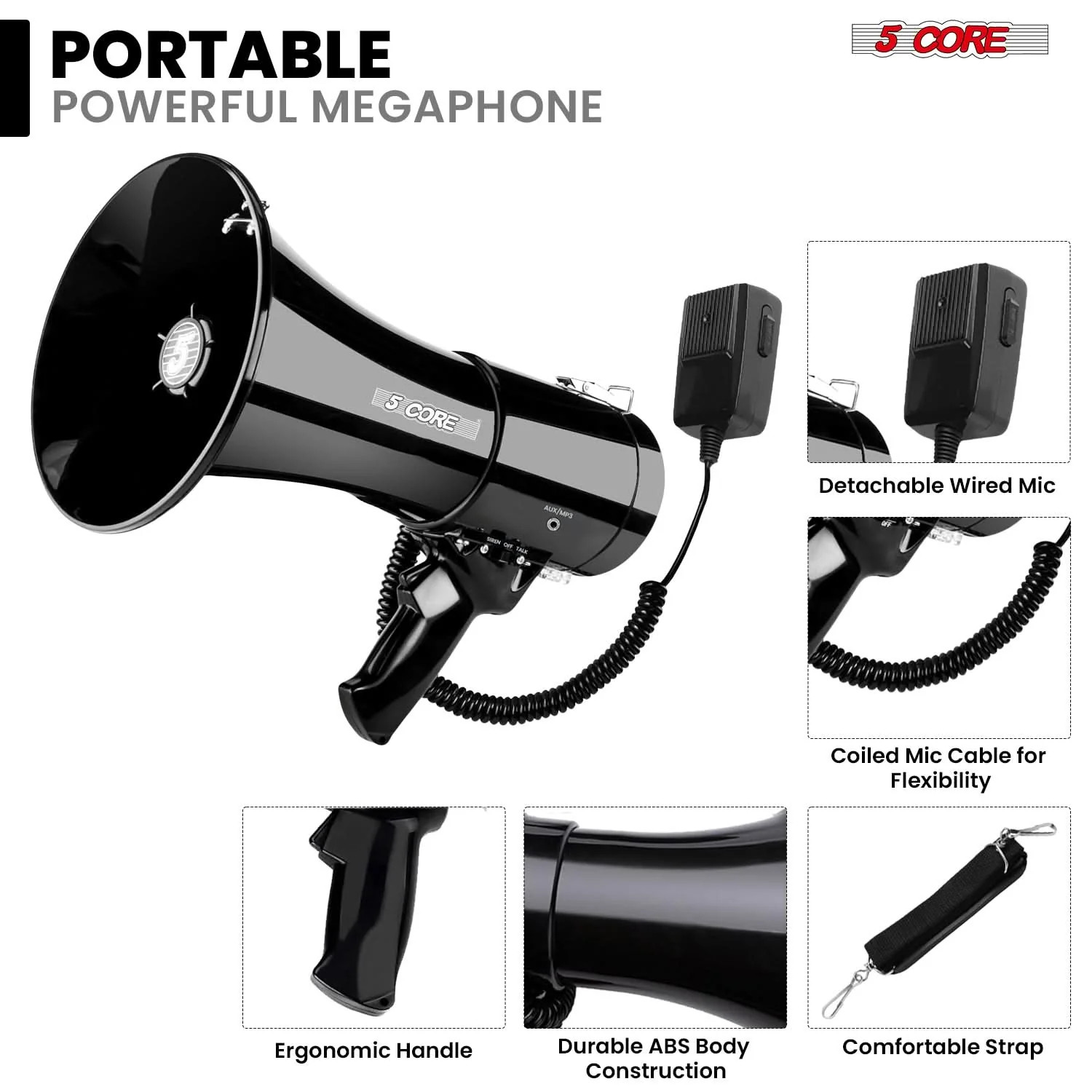 5 Core Megaphone Bullhorn 50W Speaker w Handheld Mic Shoulder Strap Loud Audio