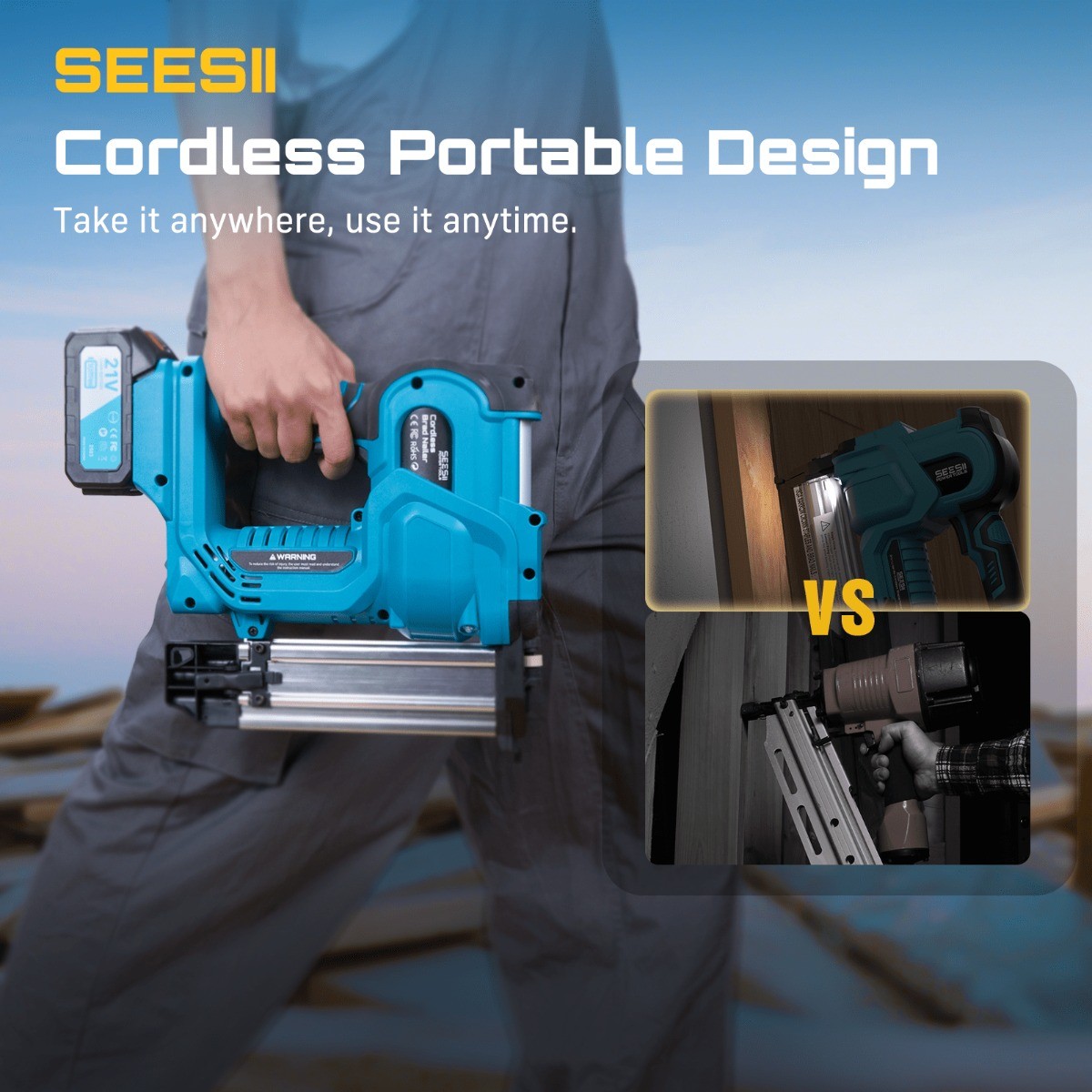 Seesii 21V Cordless Brad Nailer 18 Gauge Battery Powered Staple Gun 2x4000mah