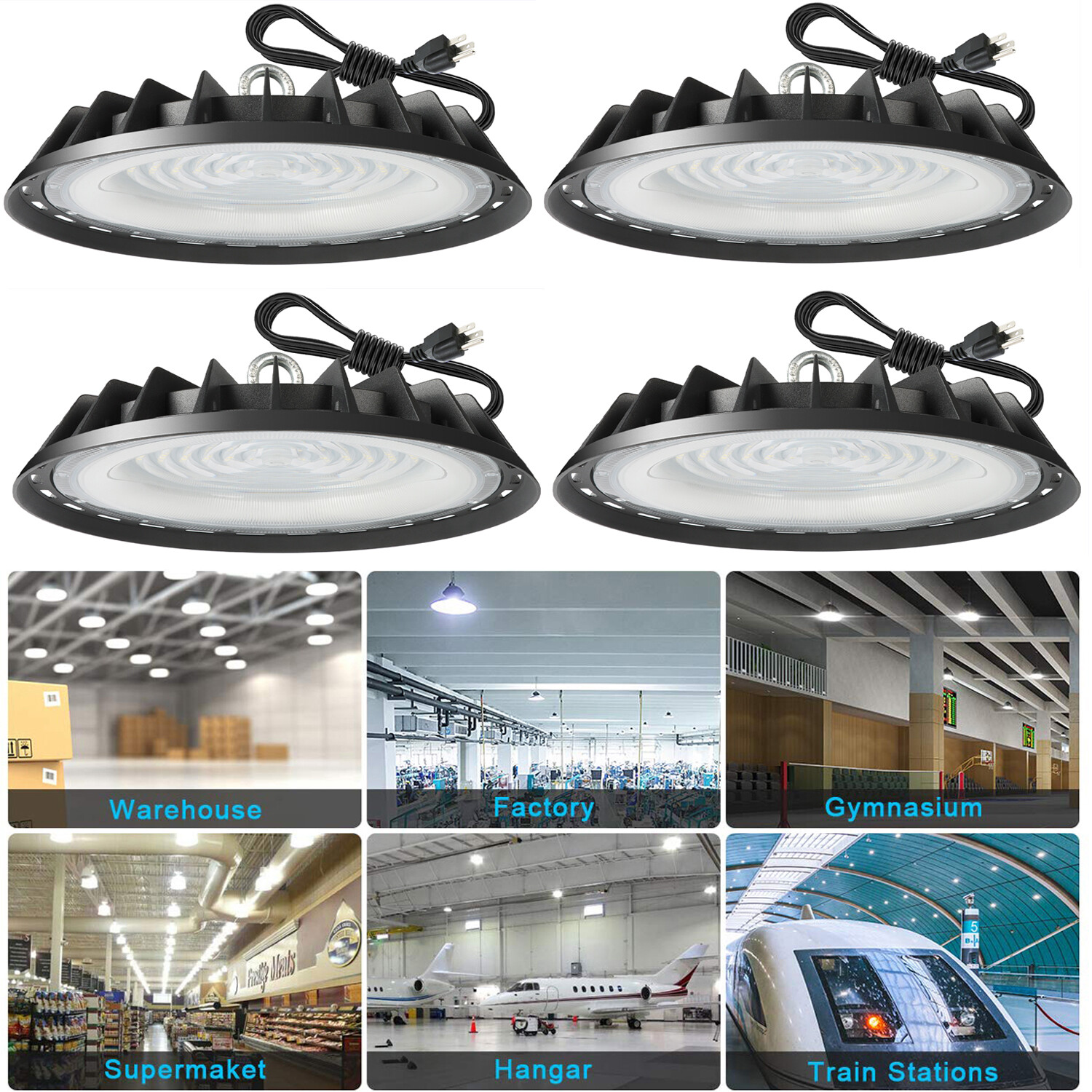 200W Shop Lights Bay Lighting UFO LED High Bay Light with US Plug & Hanging Hook