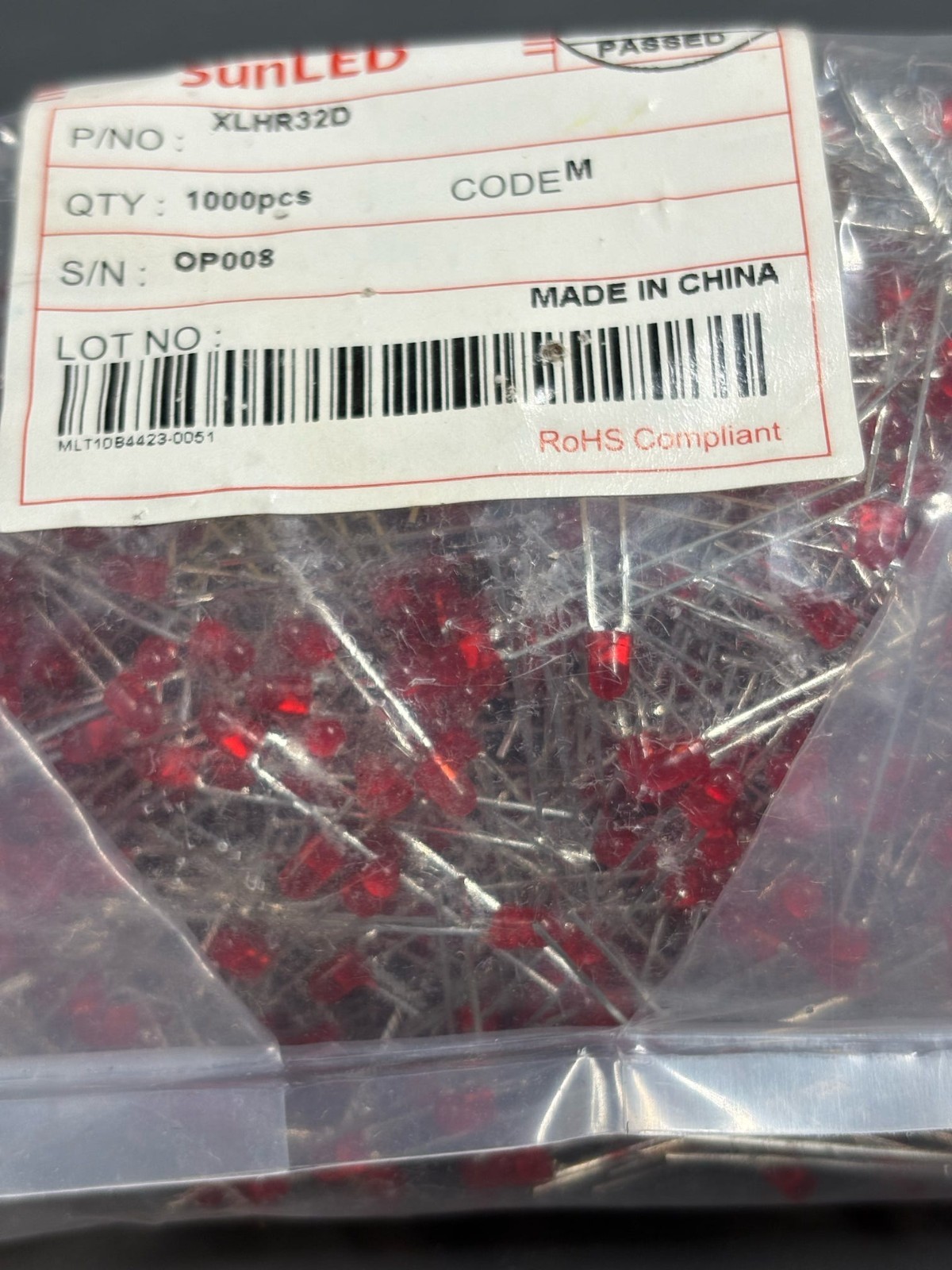 1000PCS SunLED XLHR32D Red Through Hole LEDs 3mm T-1 Axial Lamp Lot