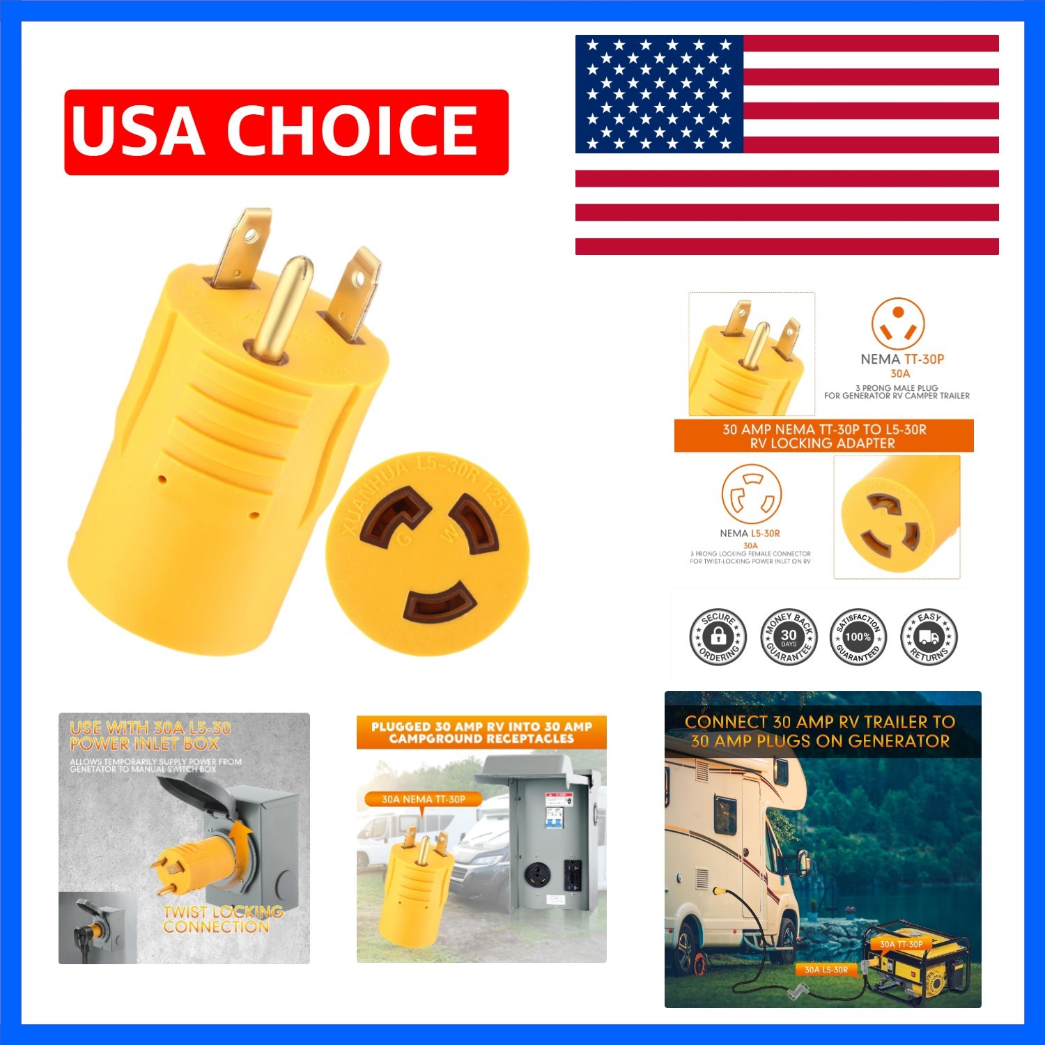 NEMA TT-30P to L5-30R 30 Amp Plug Adapter 3 Prong RV Plug with Locking Connec…