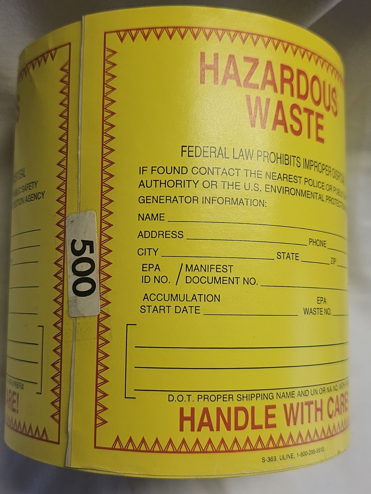 Uline S-369 Vinyl Hazard Labels Hazardous Waste 6″×6″ Adhesive Stickers Roll 500
