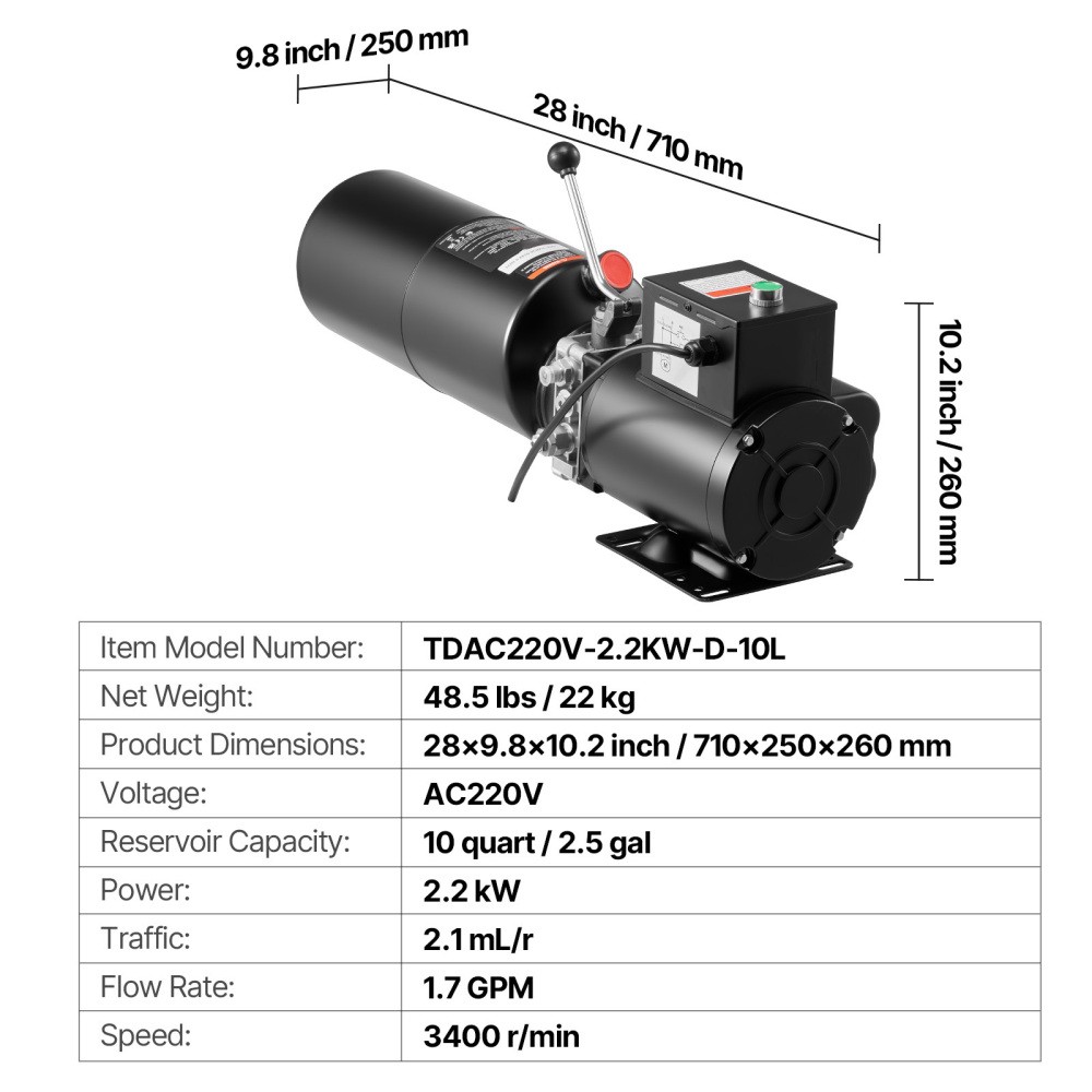 Hydraulic Pump Power Unit, AC 220V, 10 Quart Single Acting Hydraulic Unit