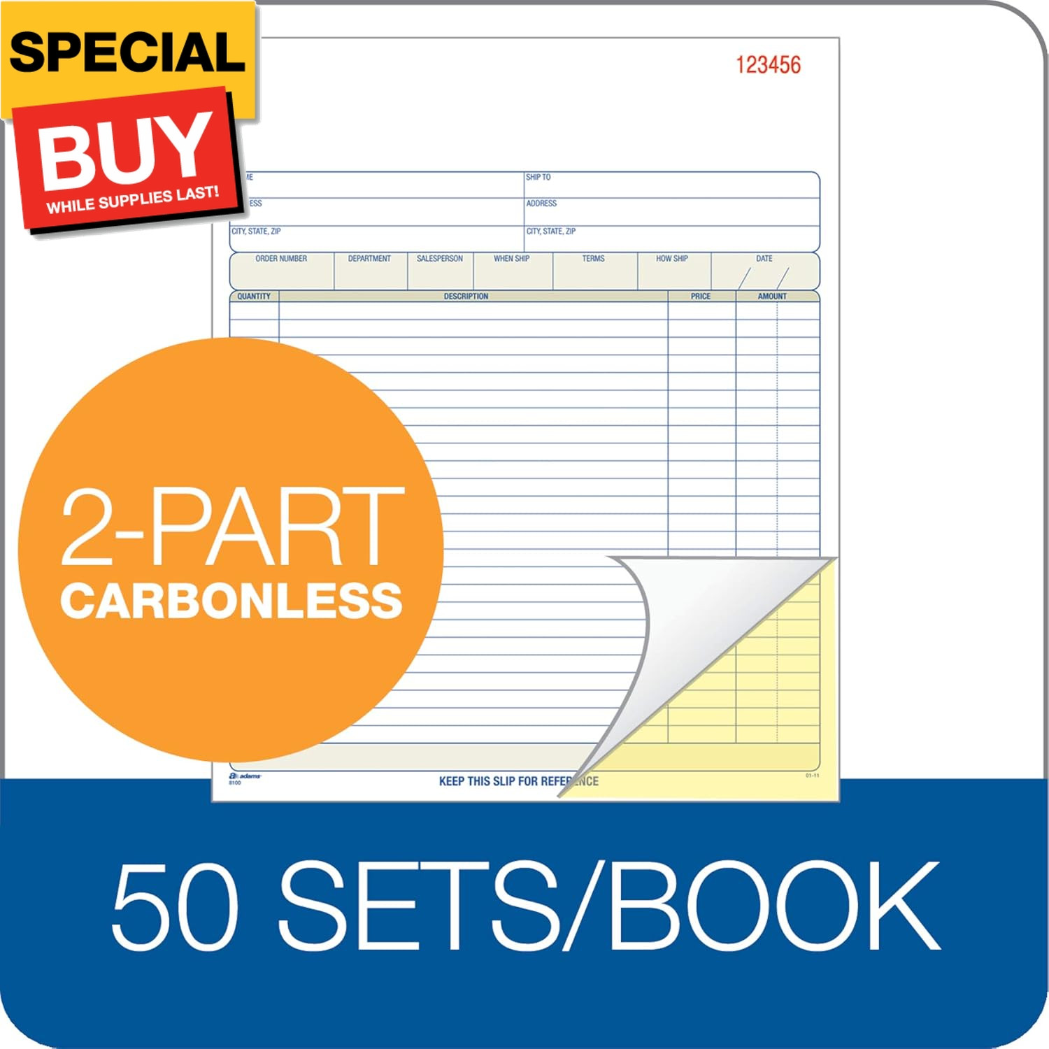 Order Book, 2-Part, Carbonless, White/Canary, 8-3/8 x 10-11/16 Inches, 50 Sets p