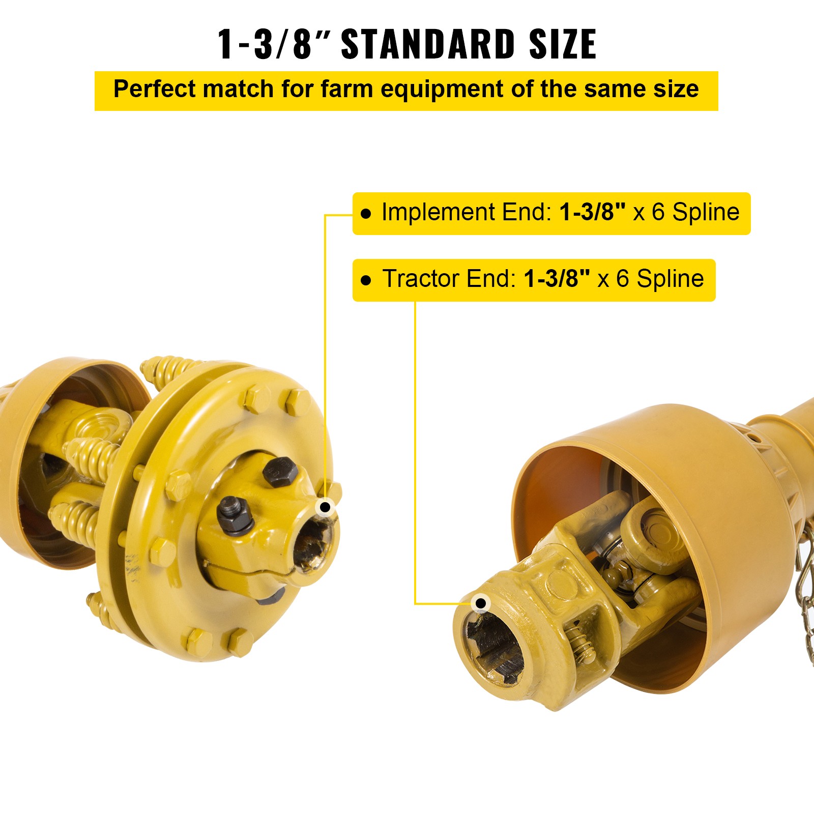 VEVOR PTO Shaft PTO Drive Shaft 1-3/8″x6 Spline w/Slip Clutch Yellow T4 31.5-41″