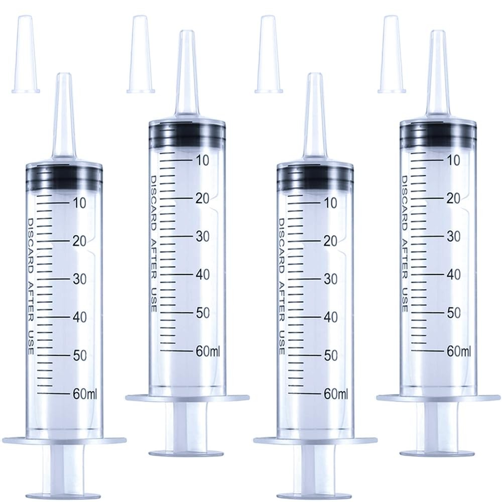 4 Pack 60mL Large Syringe for Liquid with Tip Cap, Plastic 60mL, transparent