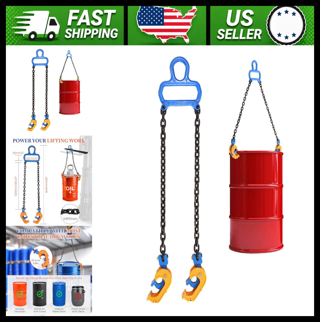 1 Ton Chain Drum Lifter for 55 Gallon Barrels with Steel Chains and Hooks