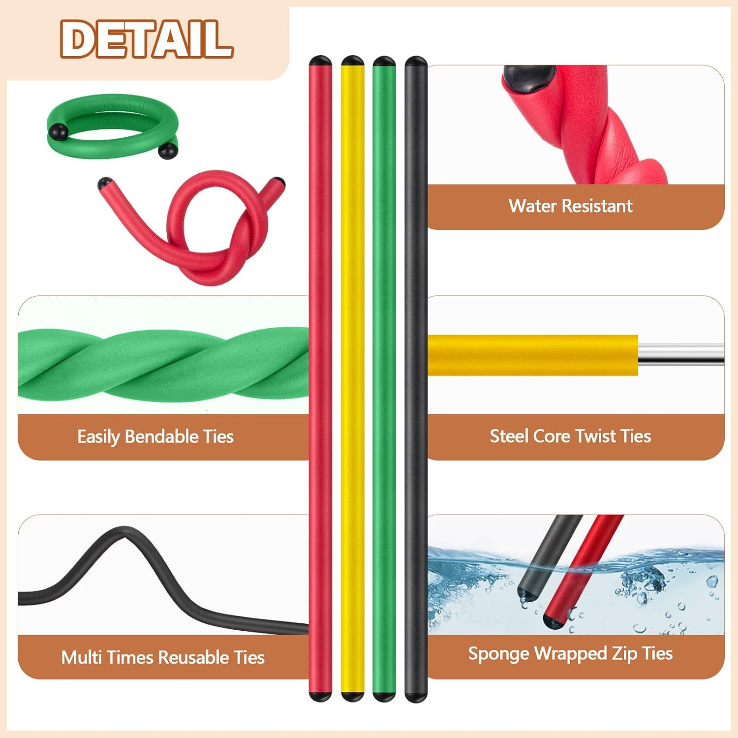 20 Pcs 17 Inch EVA Foam Twist Rubber Ties Reusable Bendable Cable Tie Straps Fle