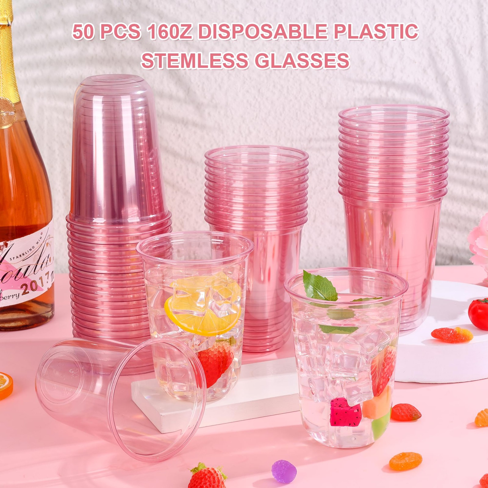 50 Pcs Pink Plastic Cups, 16oz Disposable Stemless Wine Glasses Pink Clear Dr…