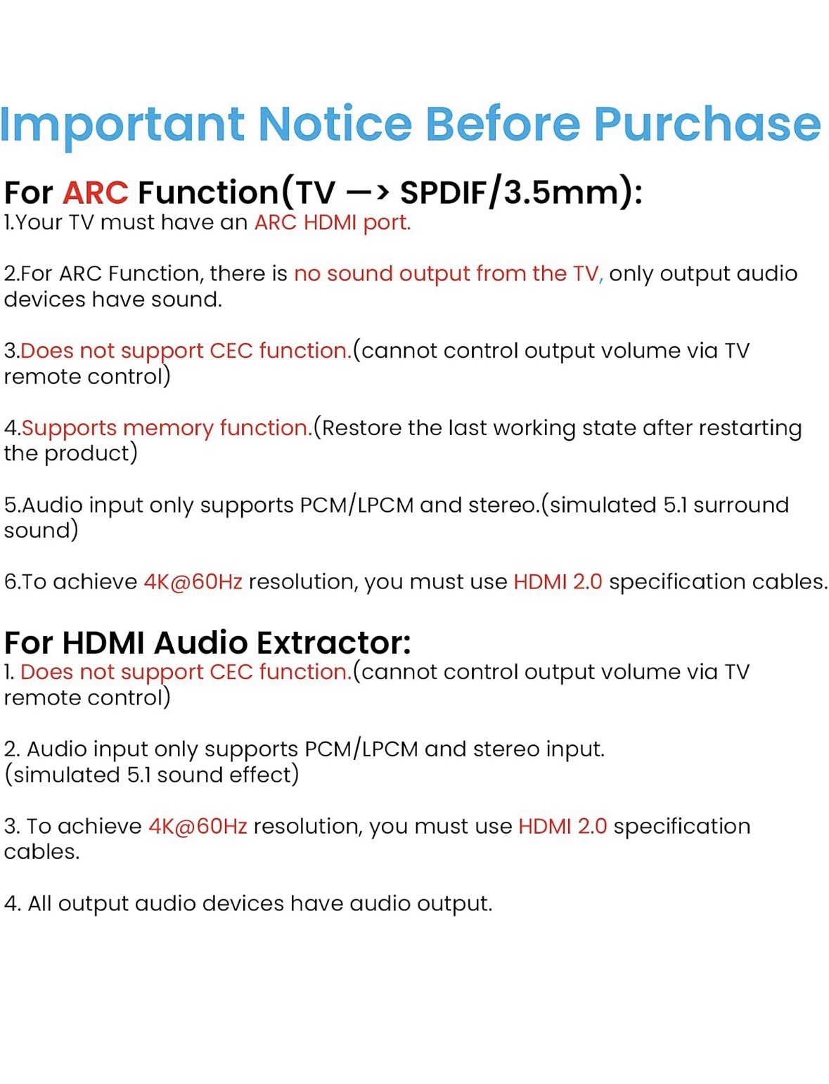 4K@60Hz HDMI 2.0b Audio Extractor Converter Adapter Splitter, HDMI eARC/ARC +…