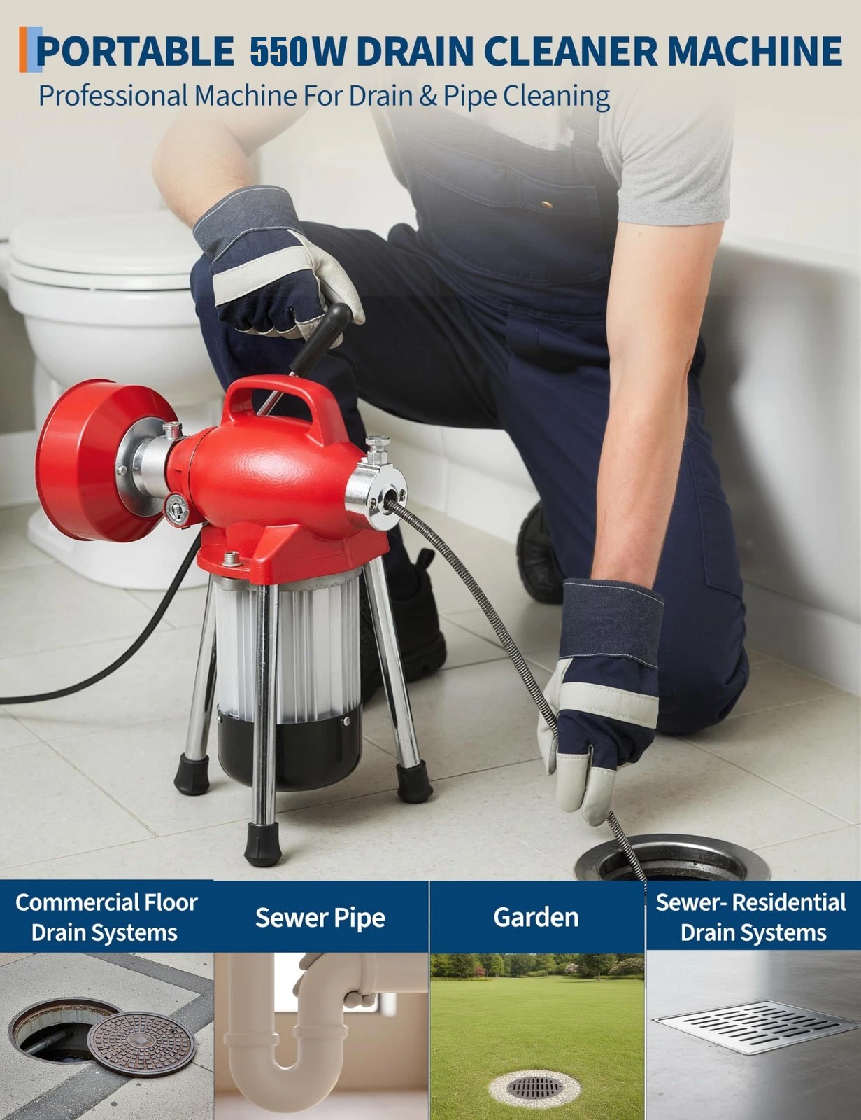 Commercial 100ft 5/8” Sewer Snake Drain Auger Cleaner Cleaning Machine Plumbing