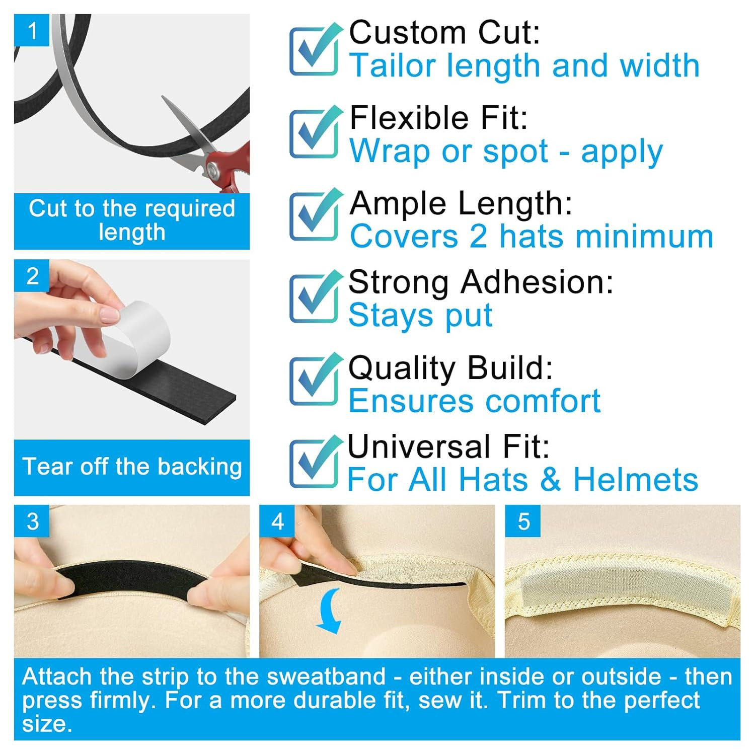 Hat Tape Roll 60″, Hat Size Reducer Insert, Make Smaller Sweatband, Self Adhesiv