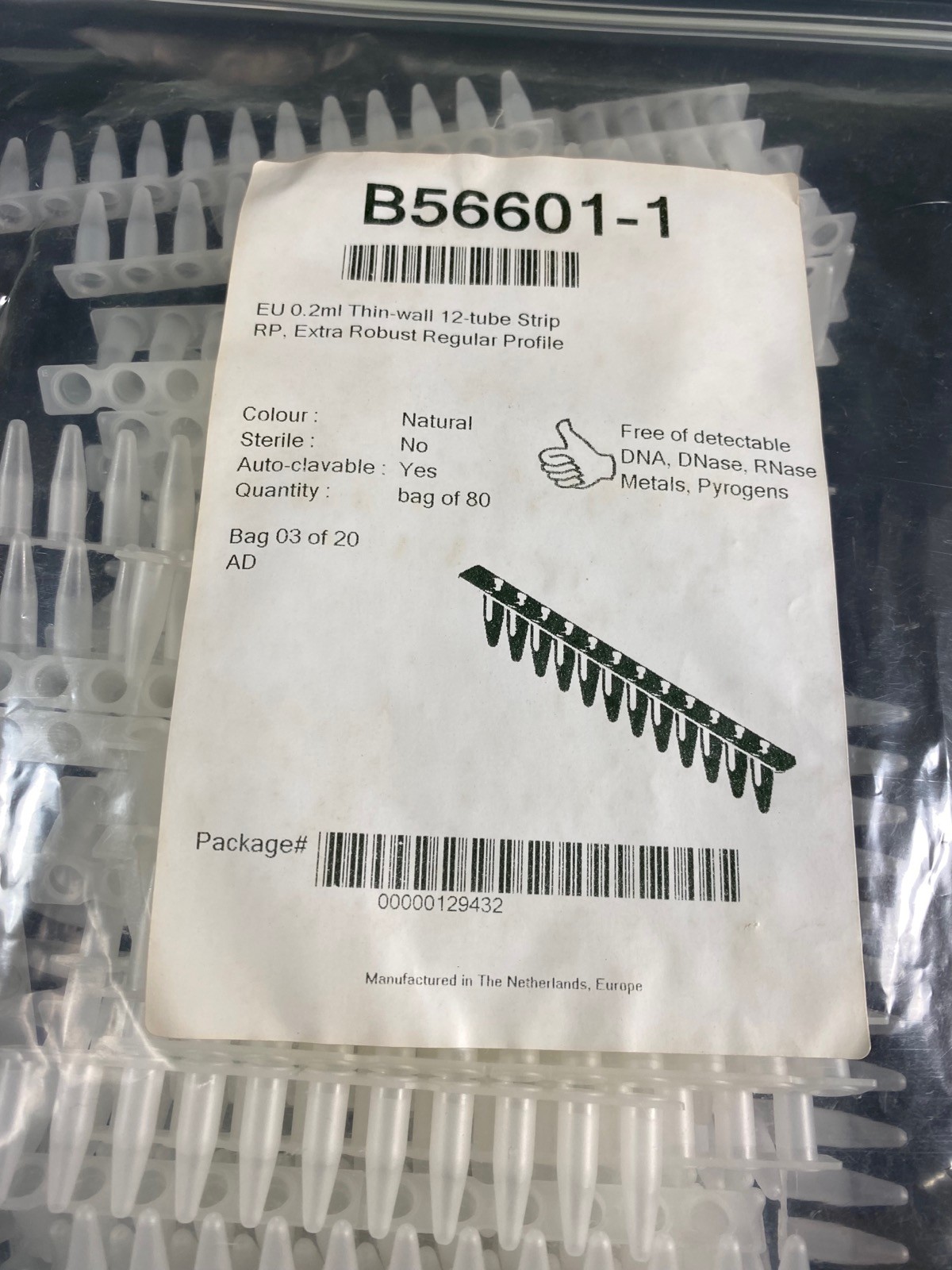 BIOPLASTICS EU 0.2mL PCR 12-Tube Strip RP LF Thin-Wall Robust B56601-1 80/cs