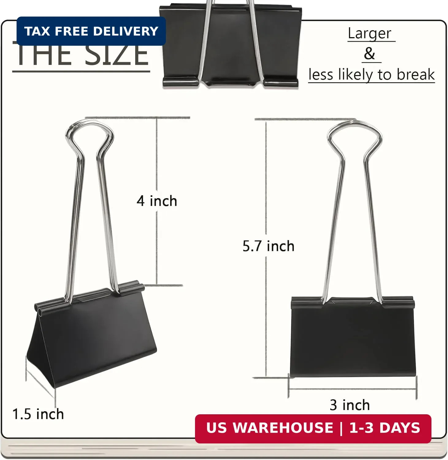 3-Inch Extra-Large DSTELIN Binder Clips – Heavy-Duty Black Paper Clamps, 75mm Wi