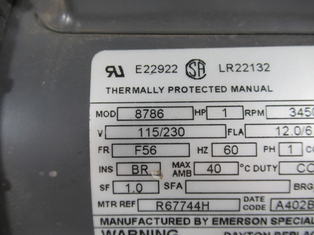 Emerson 1HP 3450RPM 115/230V F56 TEFC 1PH 12.0/6.0A 60Hz USED