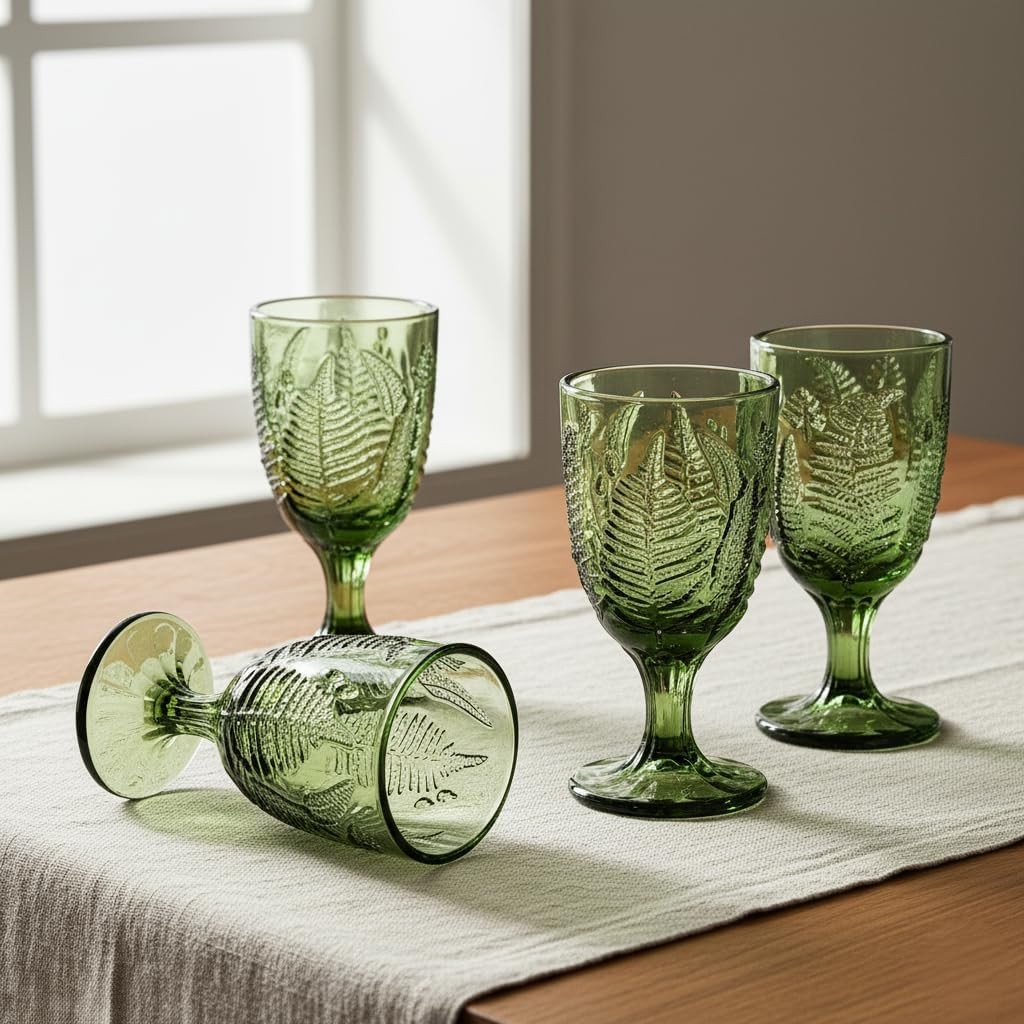Vintage Green Stemmed Goblets Set of 4, Fern Embossed Textured Glass Wine