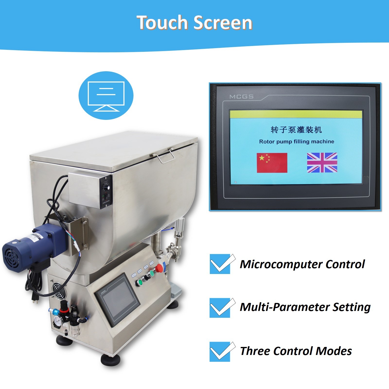 10-50000ml Rotary Pump Filling Machine Liquid Paste Filler 80L Mixing Hopper110V