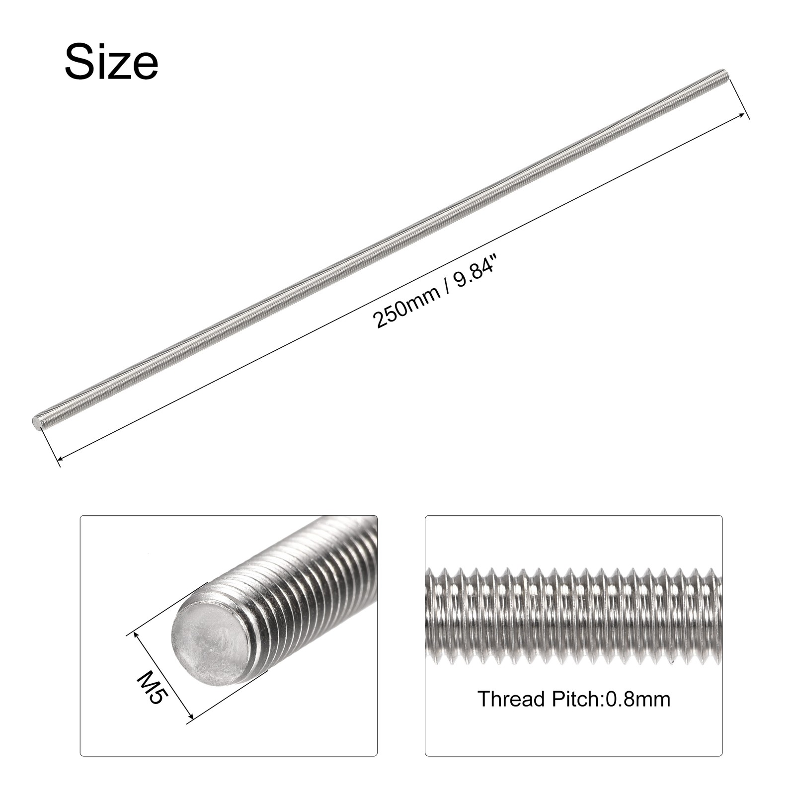 M5 x 250mm Fully Threaded Rod Stainless Steel Right Hand Threads 4Pcs