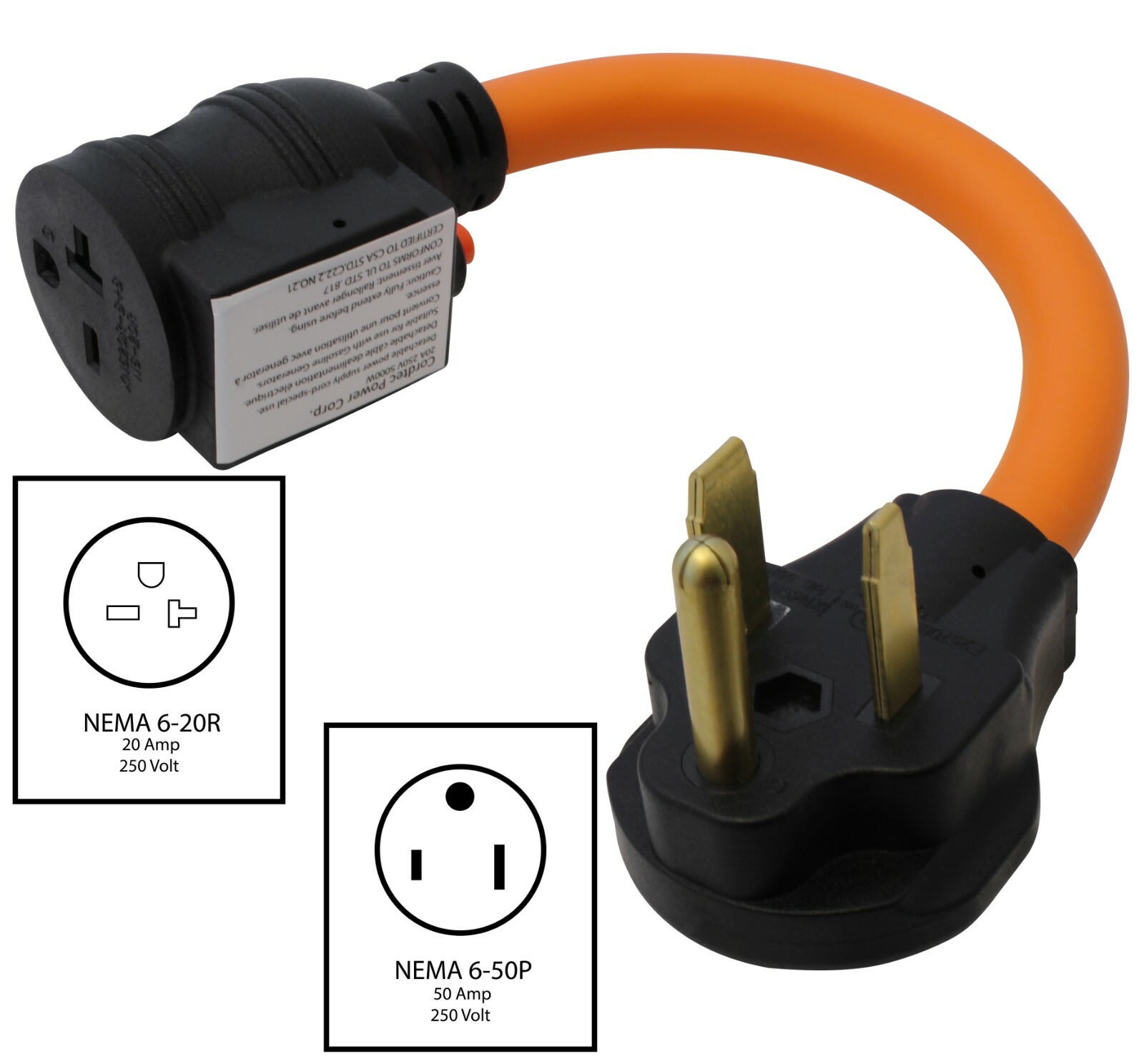 50A NEMA 6-50P to 20A NEMA 6-20R Adapter With 20 Amp Breaker by AC WORKS®