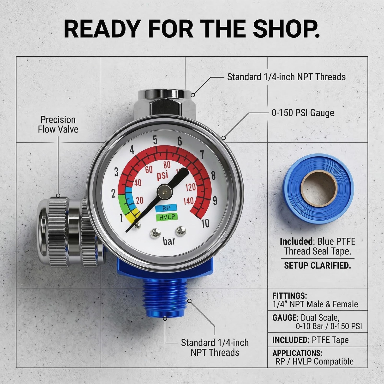 LE Lematec AR-01 Air Compressor Regulator ¼ NPT. Air Pressure Regulator 0-150…