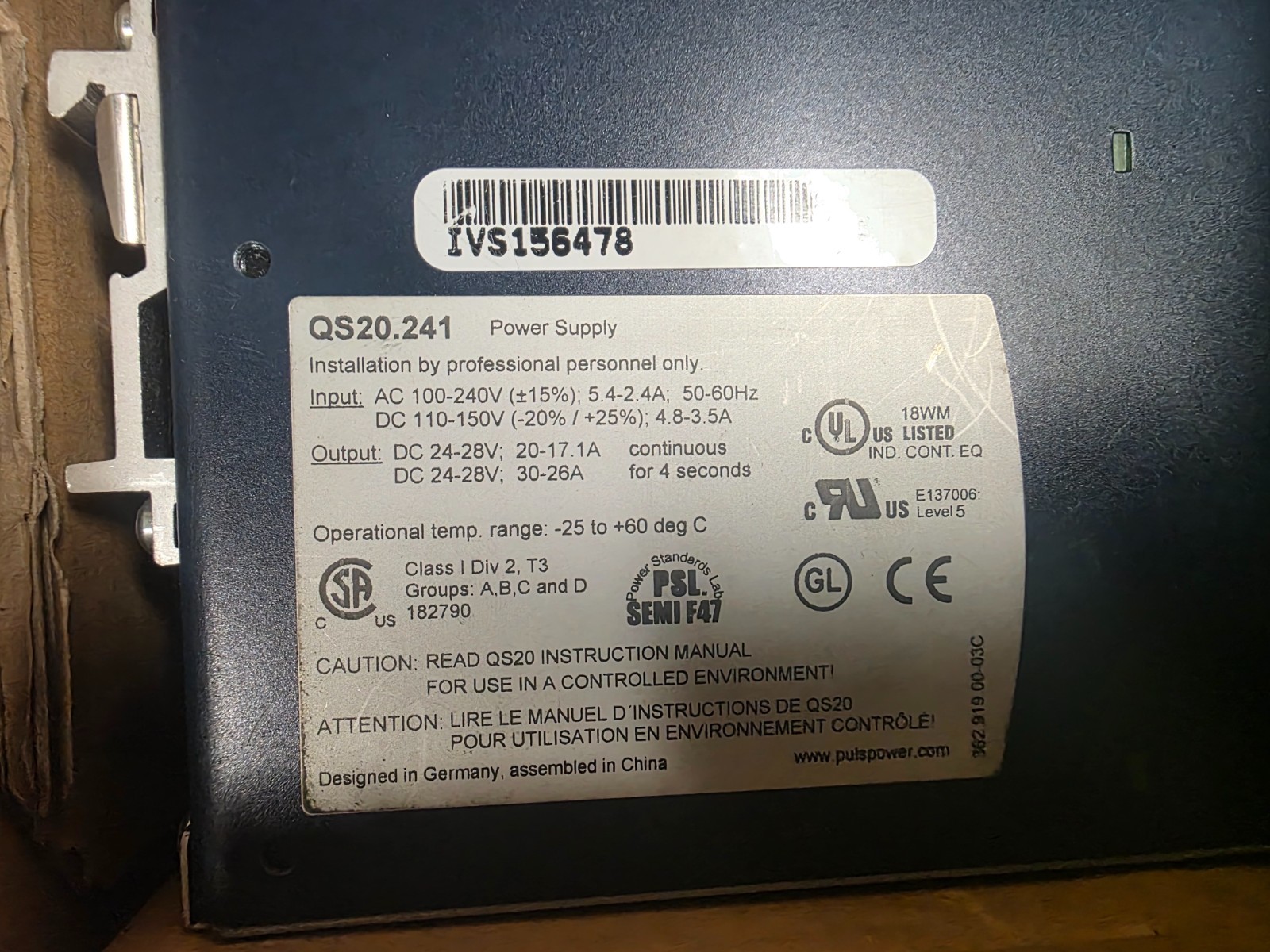 PULS Dimension QS20.241 DIN Rail Power Supply | 24V 20A 480W | AC 100-240V In