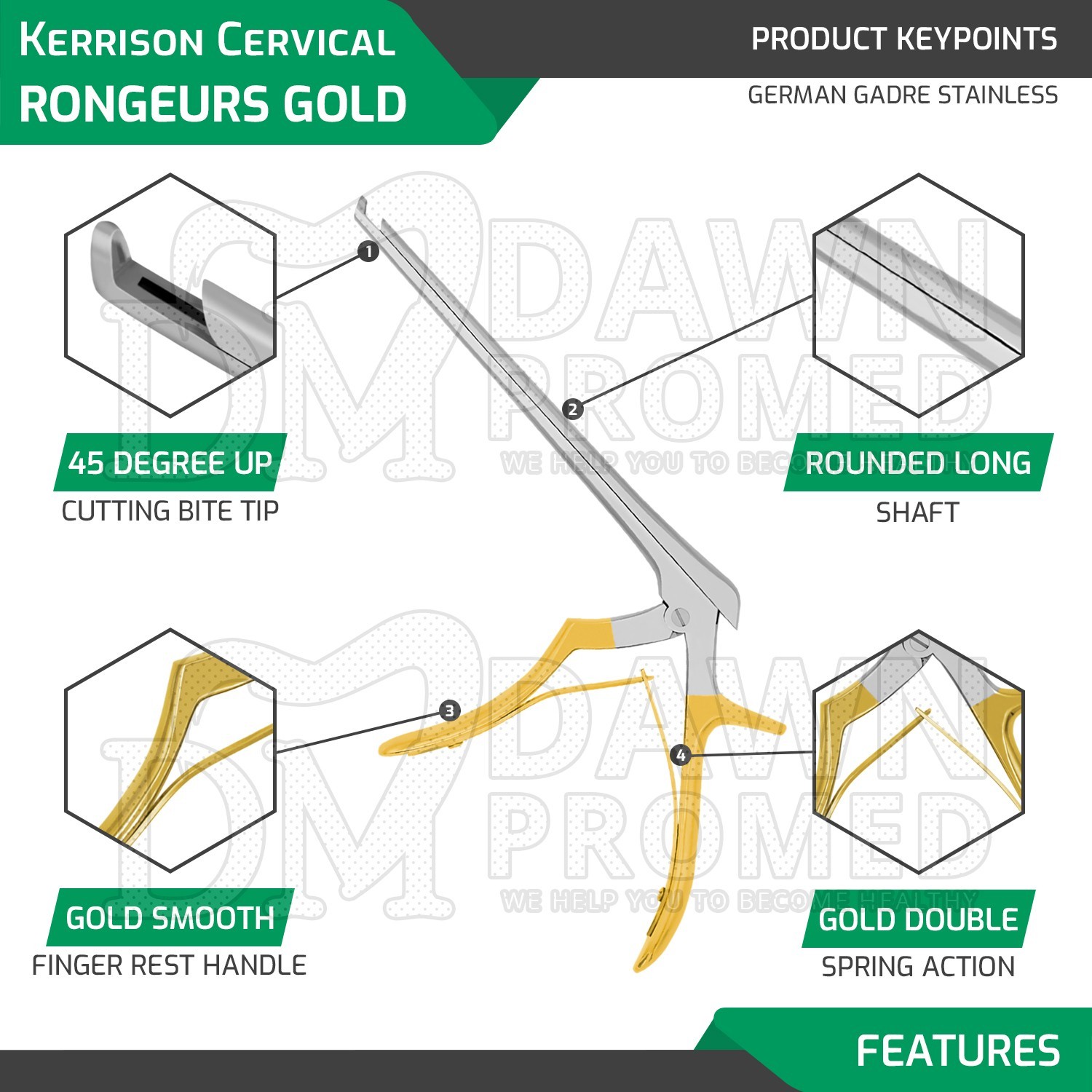 Kerrison Rongeur 7″ Shaft with 3mm 45° Up Bite Punch Forcep Gold Handle German G