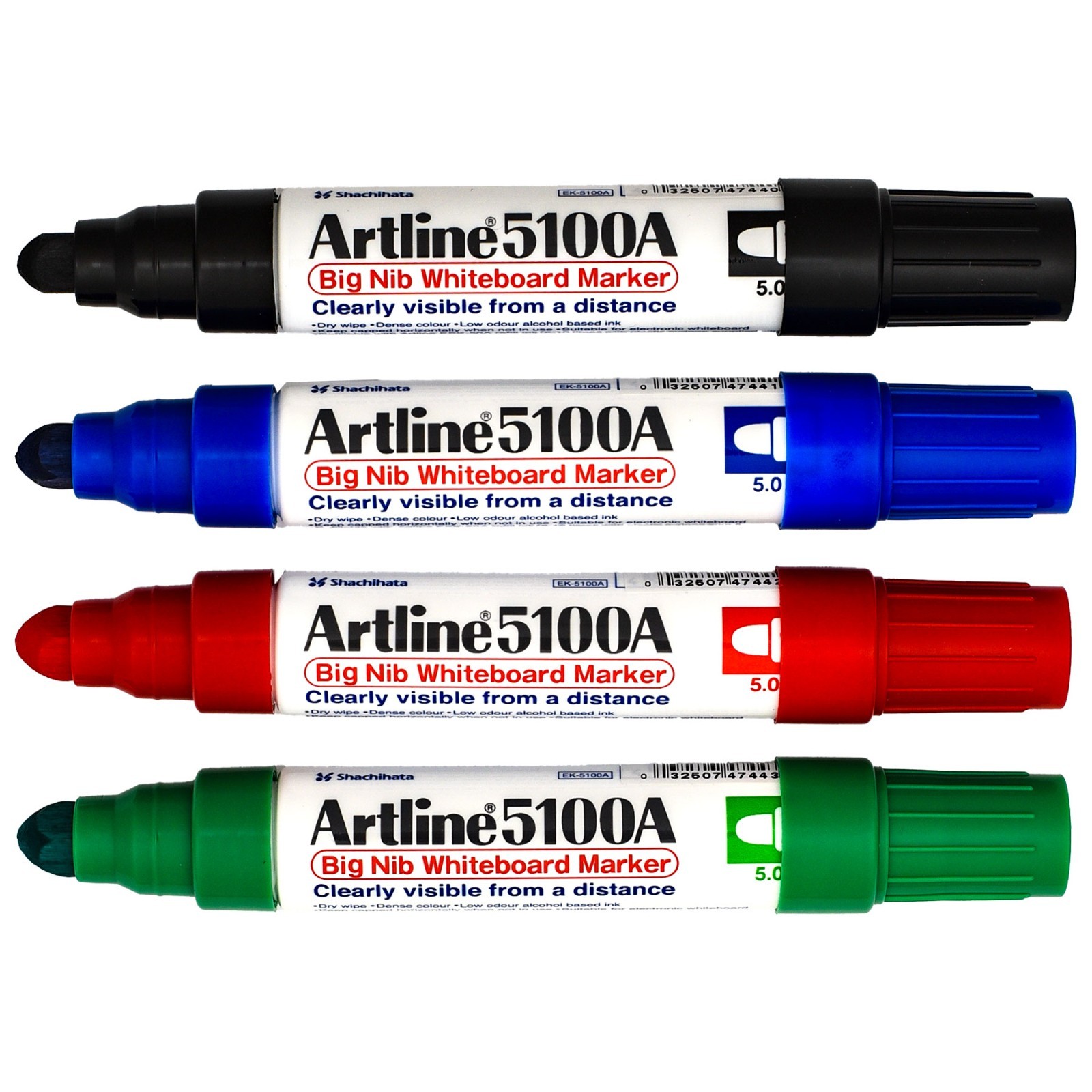 Artline 47455 5100A Big Nib Whiteboard Markers, 5.0mm Bullet Tip, 4-Color Set