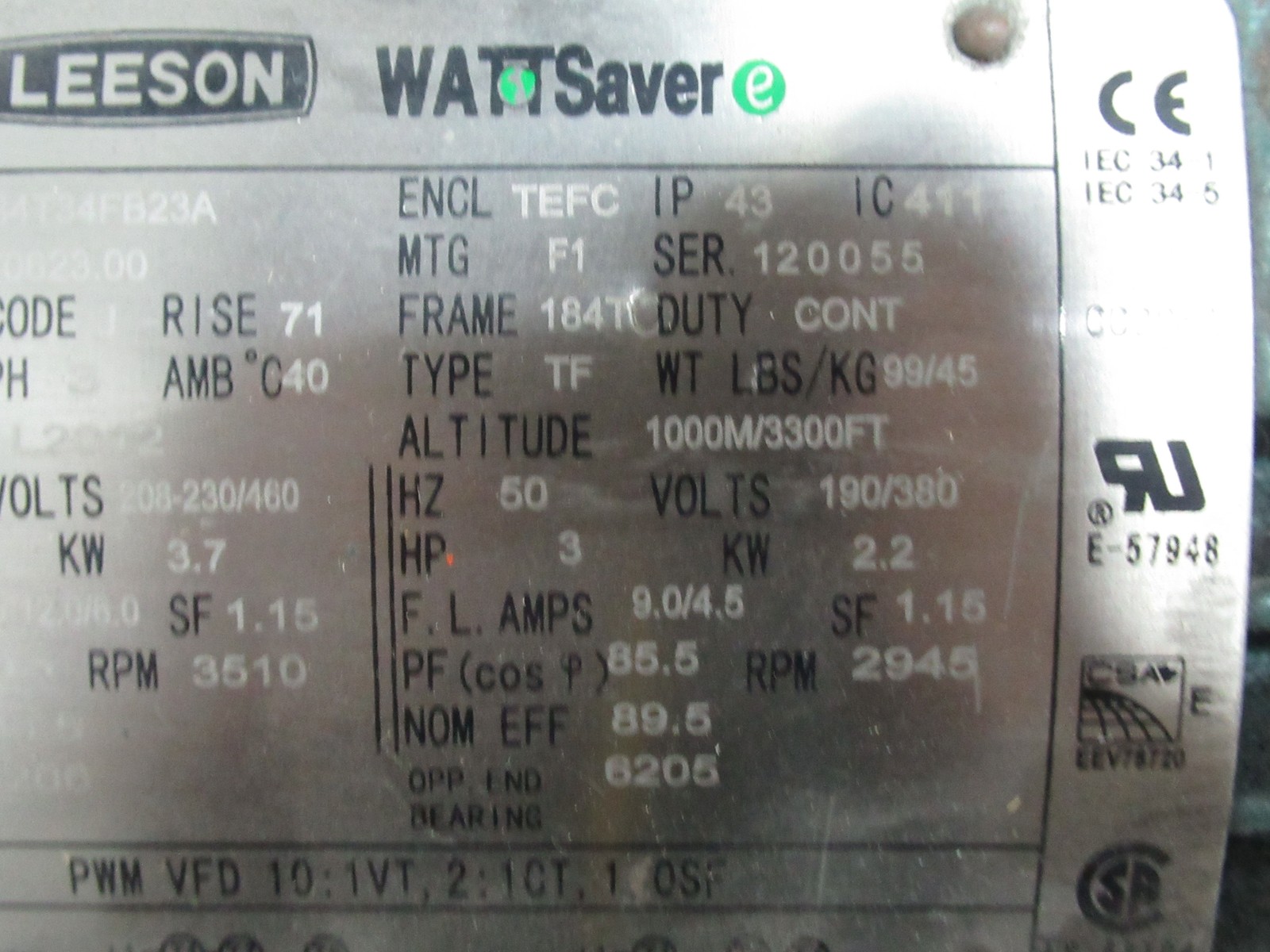 Leeson 5HP 3510RPM 208-230/460V 184TC TEFC 3Ph 13.0-12.0/6.0A 60Hz USED