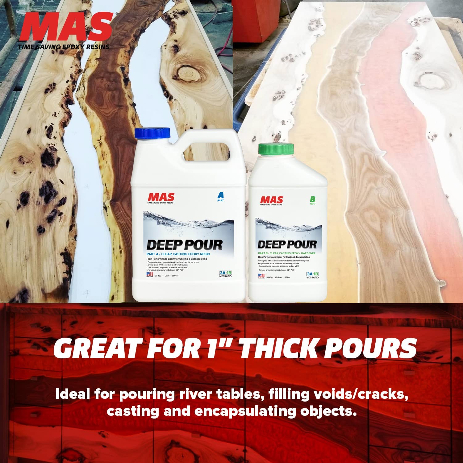 Deep Pour Epoxy Resin Kit 1.3 Quart Crystal Clear – Max 1″ Casting Thickness