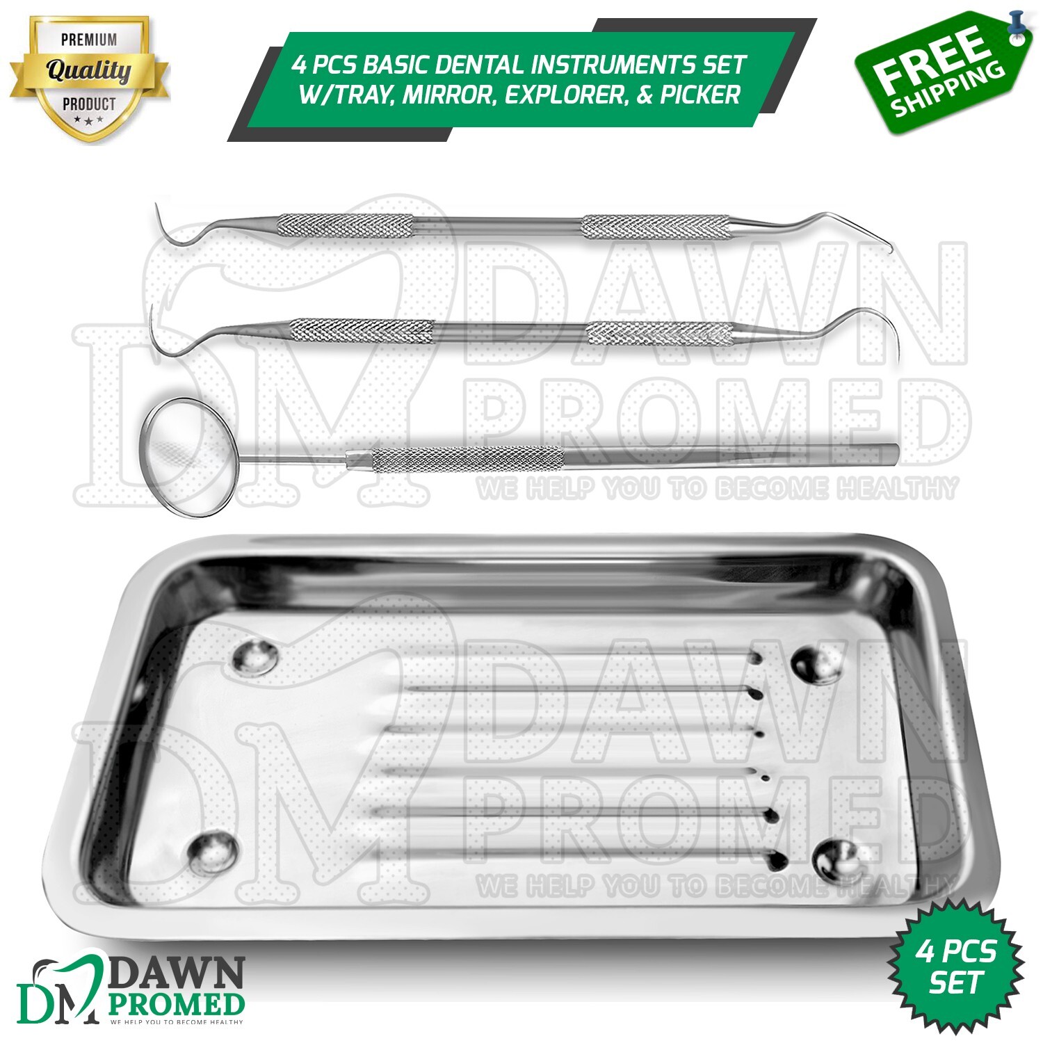 4 Pcs Basic Dental Instruments Set With Scaler Tray, Mirror, Explorer, & Picker