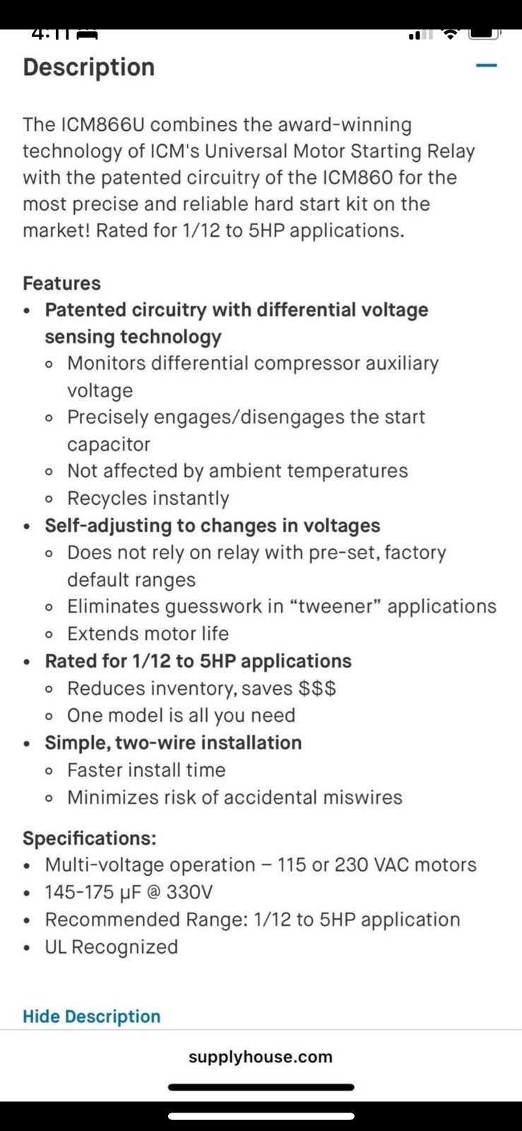ICM866U-LF Motor Hard Start, Voltage Sensing w/ High-Powered Relay for 1/12-5HP