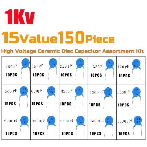 150pcs 15Values High Voltage Ceramic Disc Capacitor Assortment Kit Model: 1KV