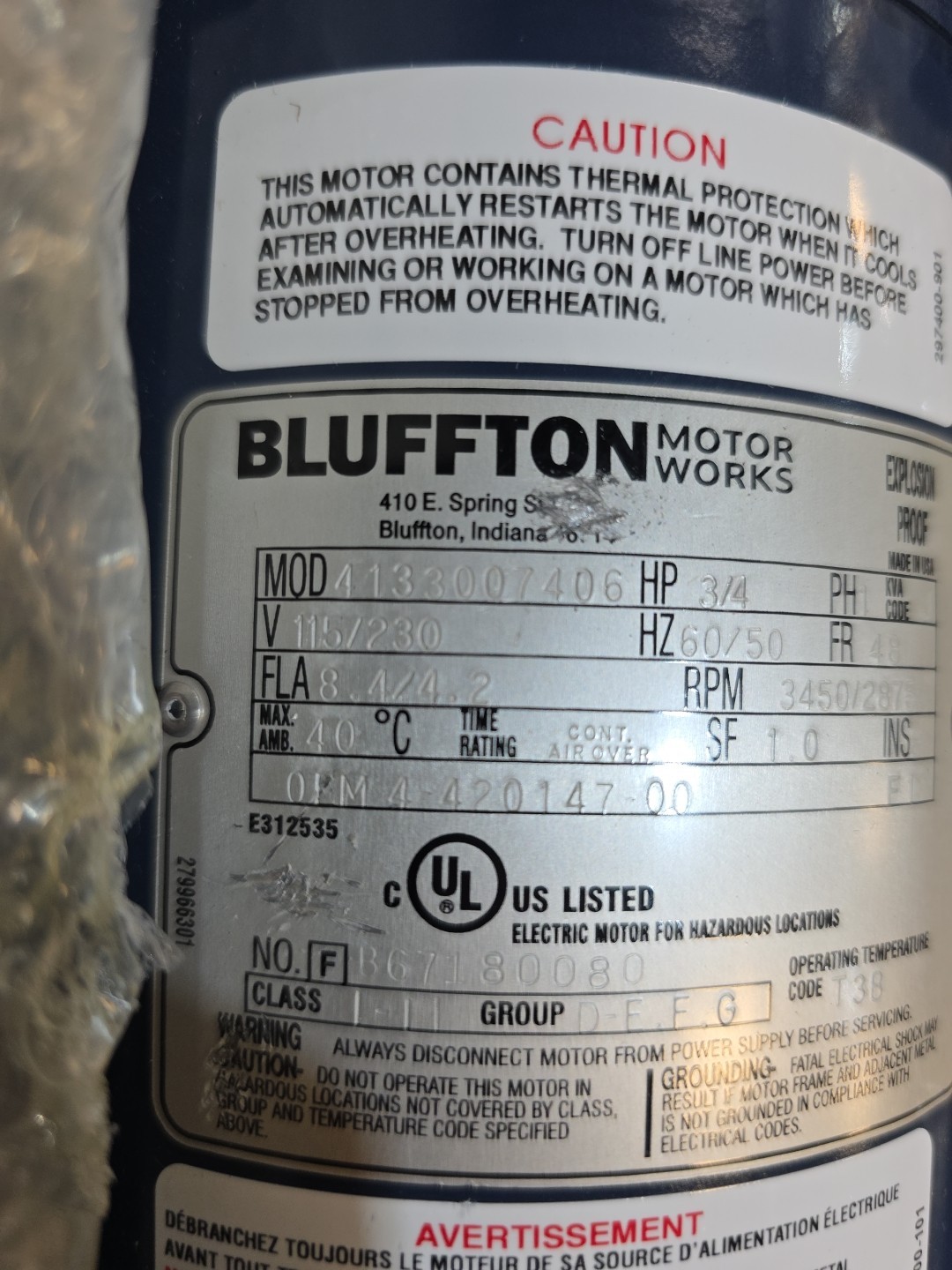 Bluffton 4133007406 3/4hp Explosion Proof Motor 1 Phase 115/230v 3450/2875 RPM