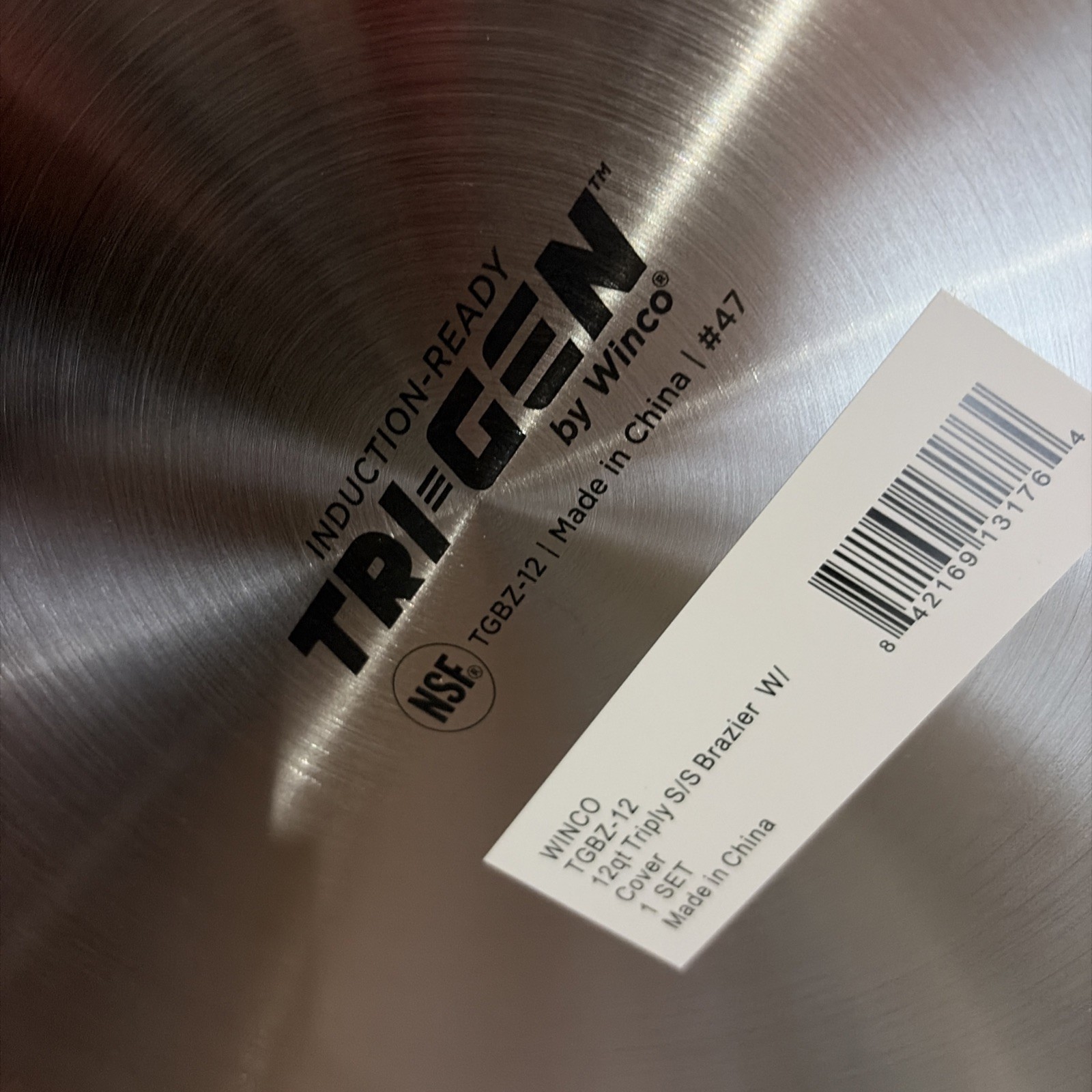 Winco Tri= Gen Cookware Pot TGBZ12 12 Qt Tri-Ply Brazier w/Cover Silver NSF