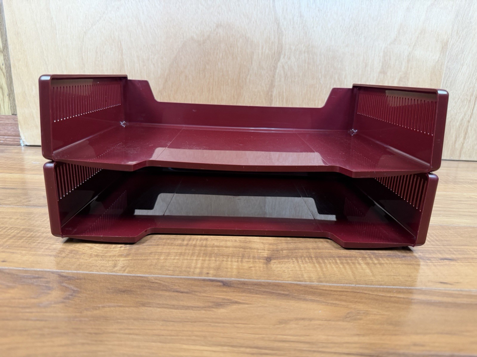 VTG 80s Tenex Stack On Desk Letter Paper Trays Maroon Burgundy MCM Organizer USA