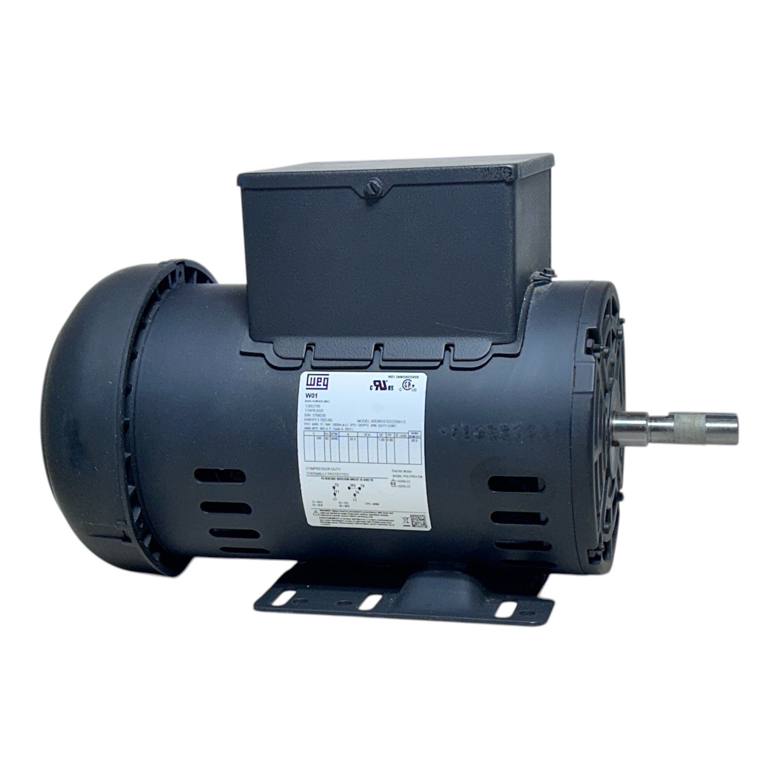 WEG 12882730 Air Compressor Motor 5 HP, 1Ph, 230 V AC, 60Hz, 3,440 RPM, 54JF89