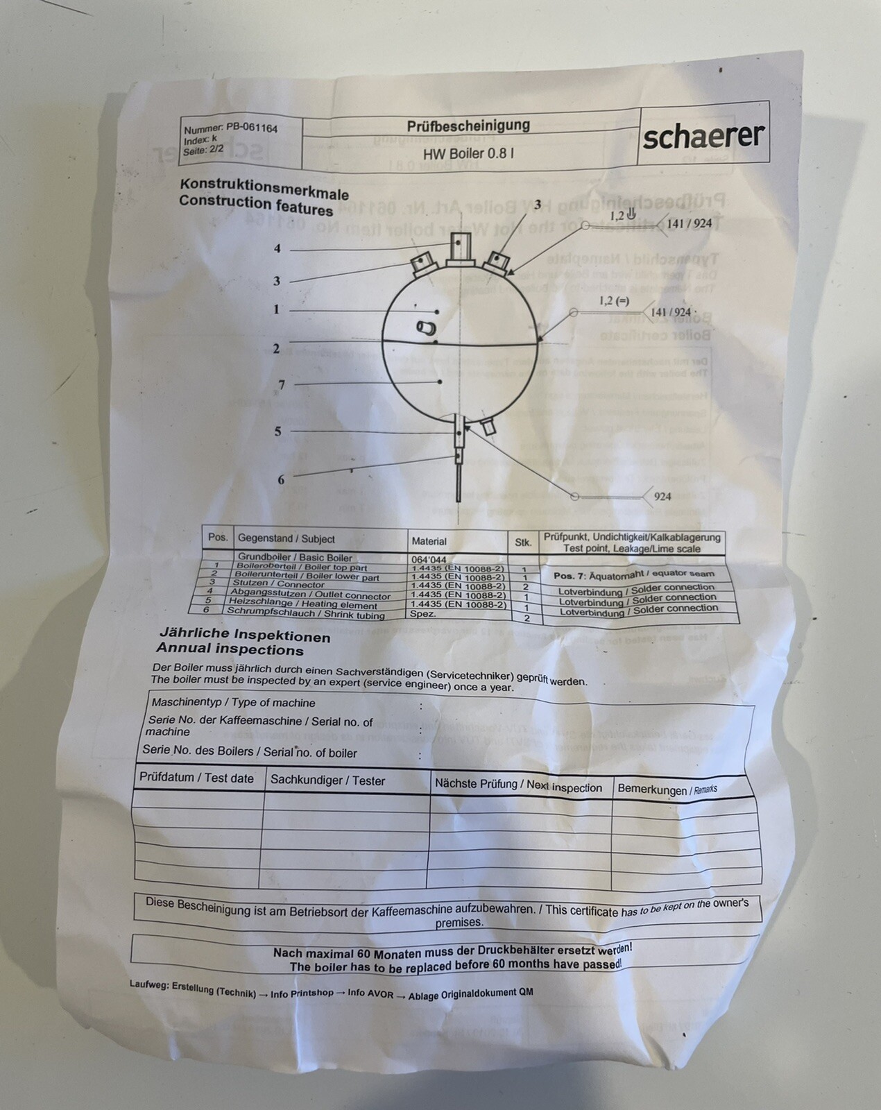 Schaerer 3370061164 Hot Water Boiler 230V 3KW 0.8 Liter 061164 NEW FREE SHIPPING