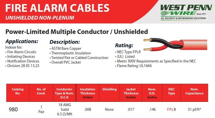 West Penn Wire 980 18/2C Solid FPLR Non-plenum Unshidd Fire Alarm Cable (100 ft)