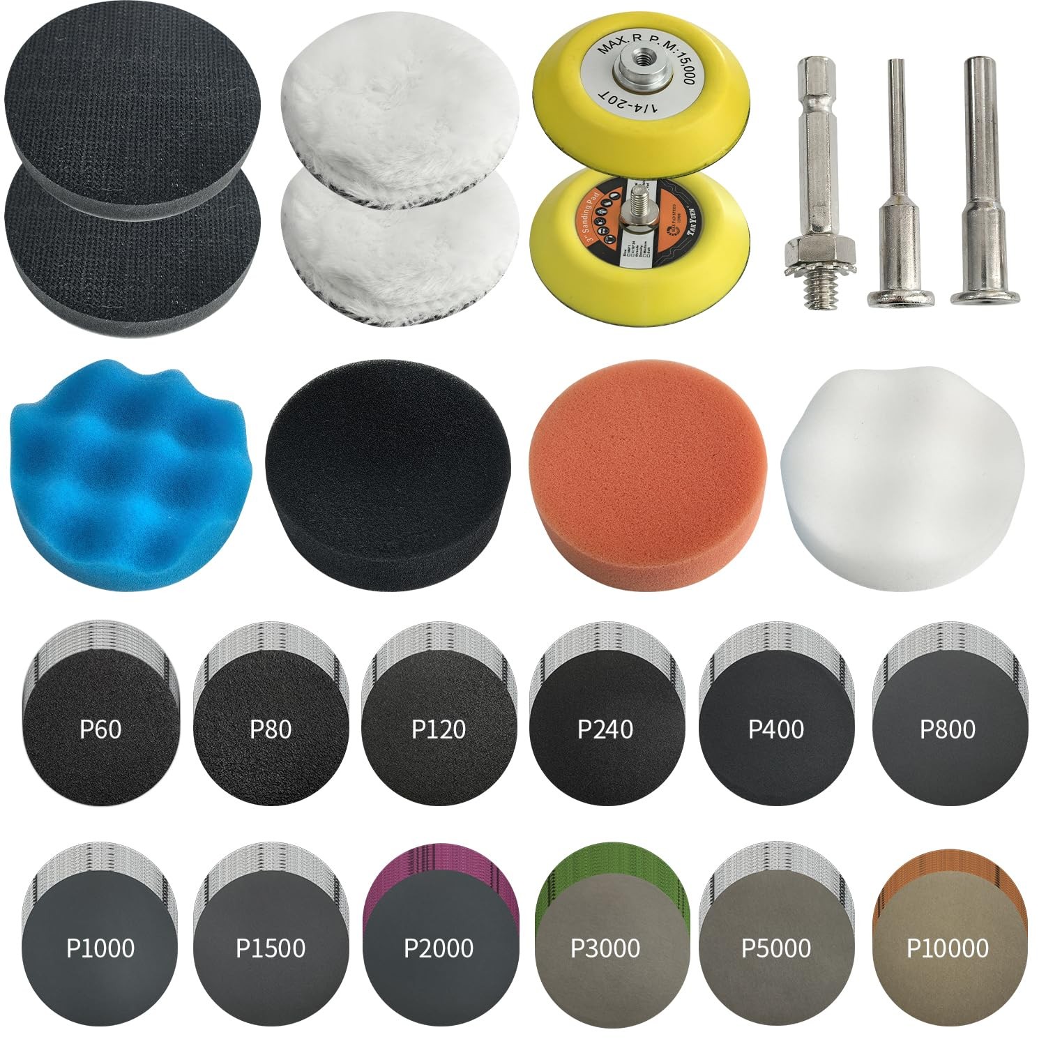 3 Inch Sanding Disc Kit, 60-10000 Grit Wet Dry Hook & Loop Sandpaper Pads 133pcs