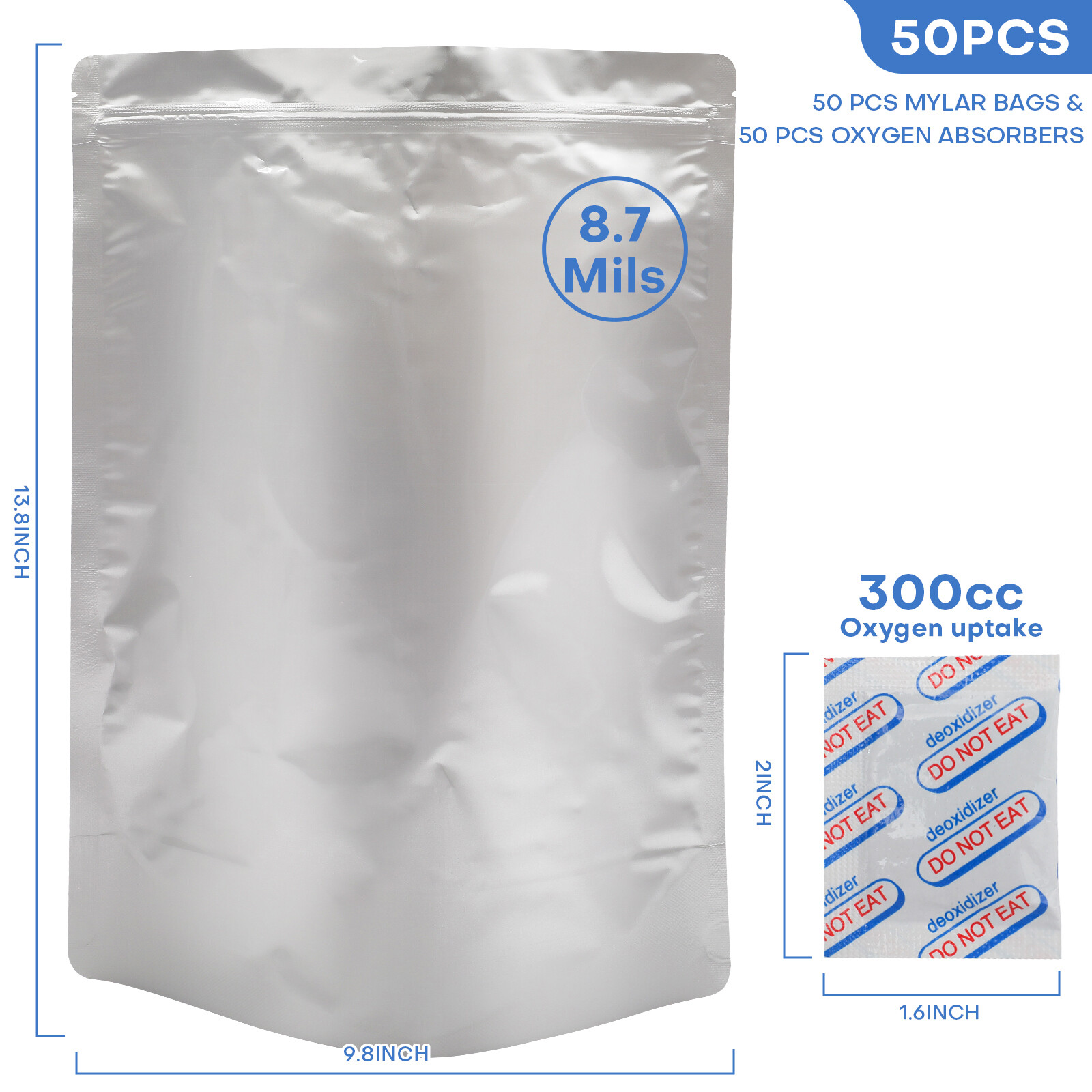 50/100pcs Mylar Bags 8.7Mil w/ Oxygen Absorbers Stand-Up Resealable Food Storage