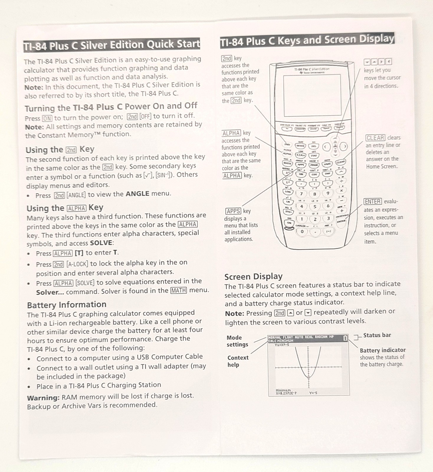 Texas Instruments TI-84 Plus C Silver Edition – Set of 2 Quick Start User Guides