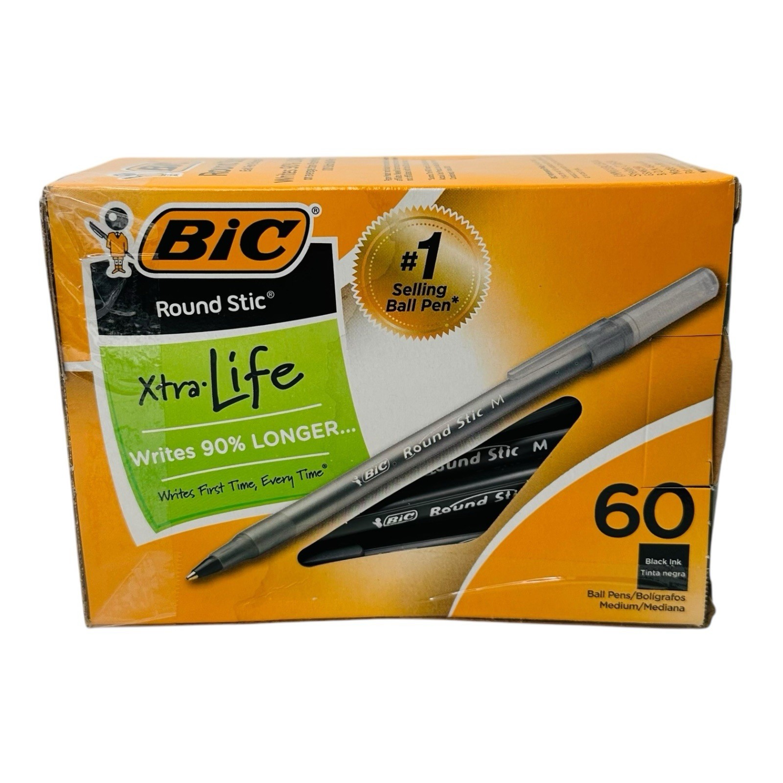 60 Pens BIC Pens Round Stic Xtra-Life Medium Point Ballpoint Pen Black Ink