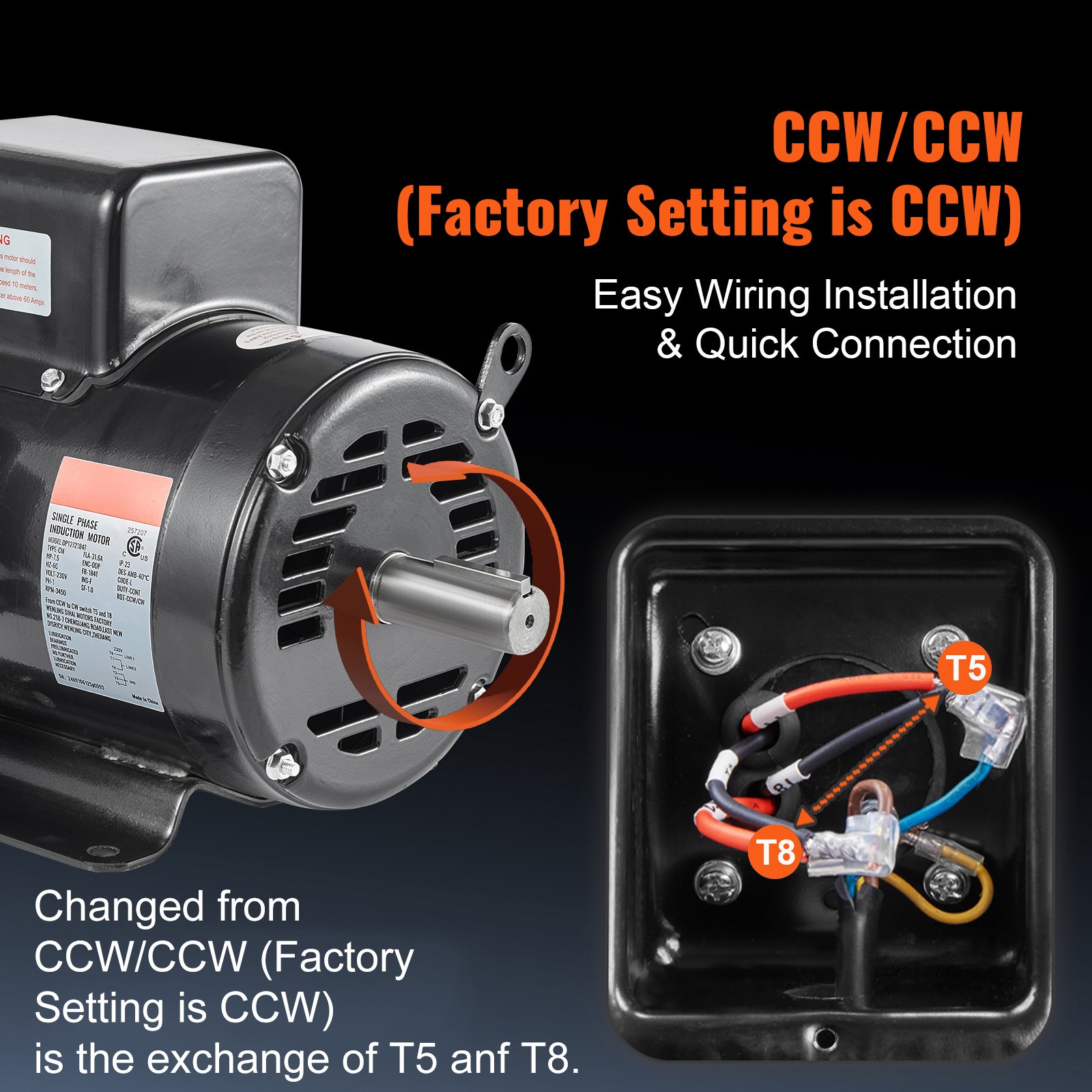 7.5HP Air Compressor Electric Motor 230V 31.6A 3450RPM 184T Frame CW/CCW Rotate