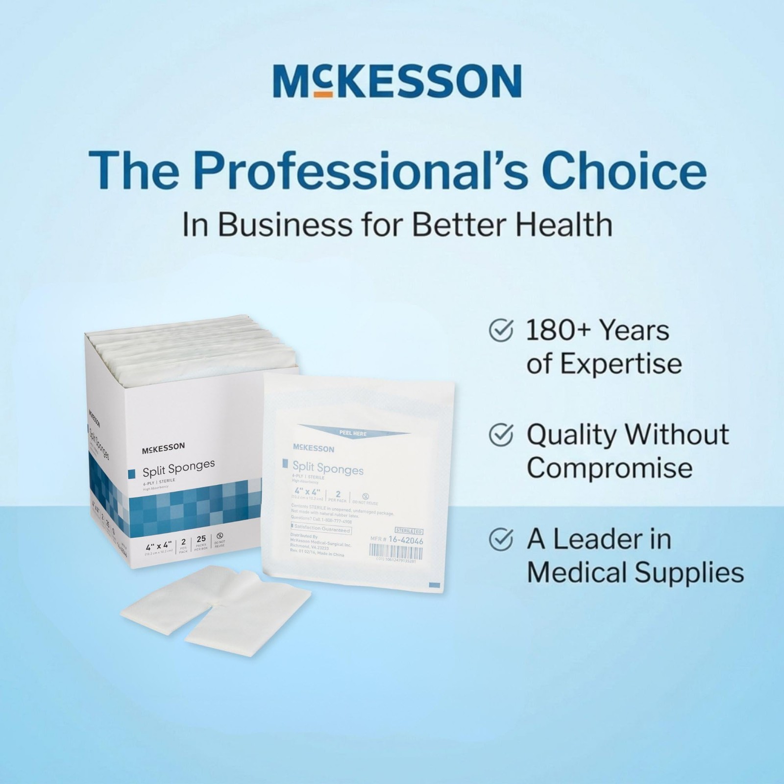McKesson Split Sponges High Absorbency, 6-Ply Sterile, I.V. and Tracheostomy