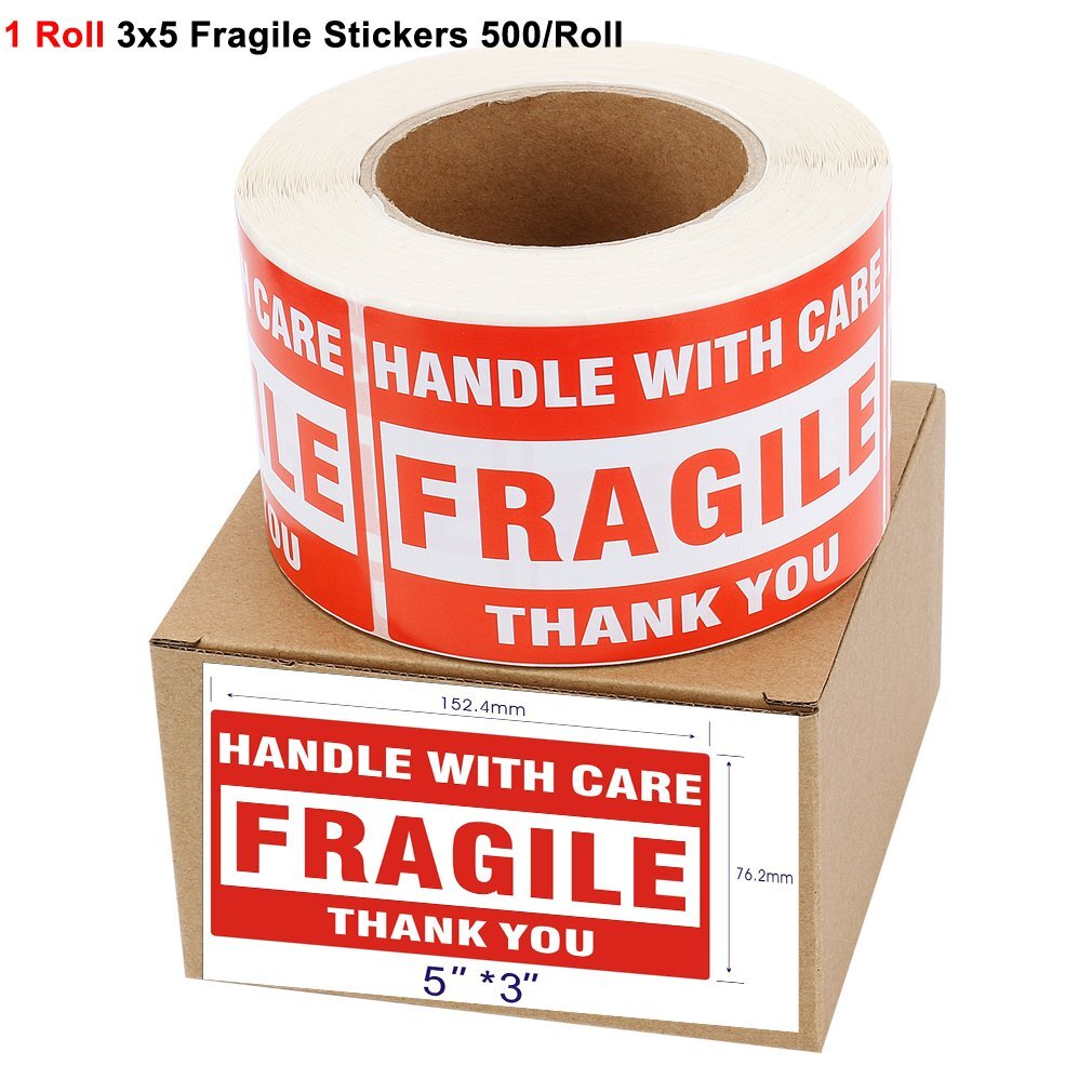 500 LARGE 3 x 5 Fragile Handle With Care Thank You Label Sticker