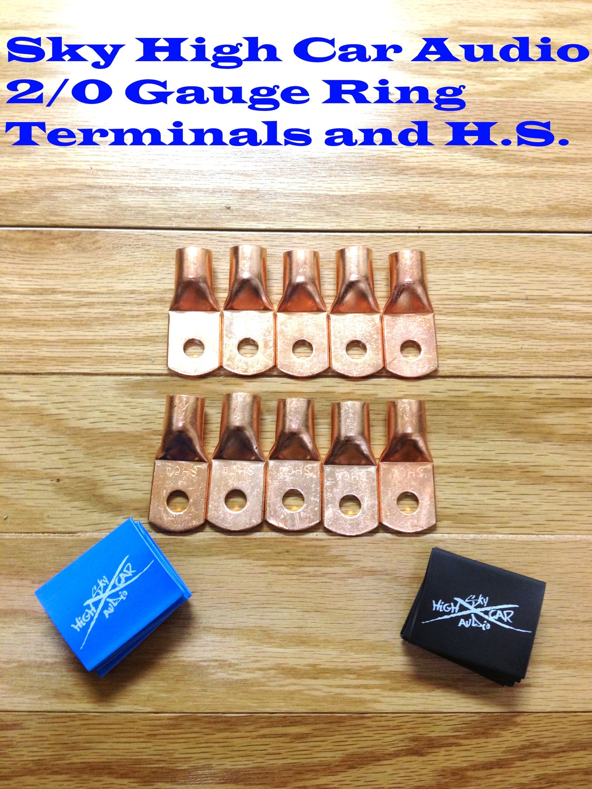 10 2/0 Gauge Copper Ring Terminals w/ BLUE & BLACK Heat Shrink Tubing Lugs 3/8″