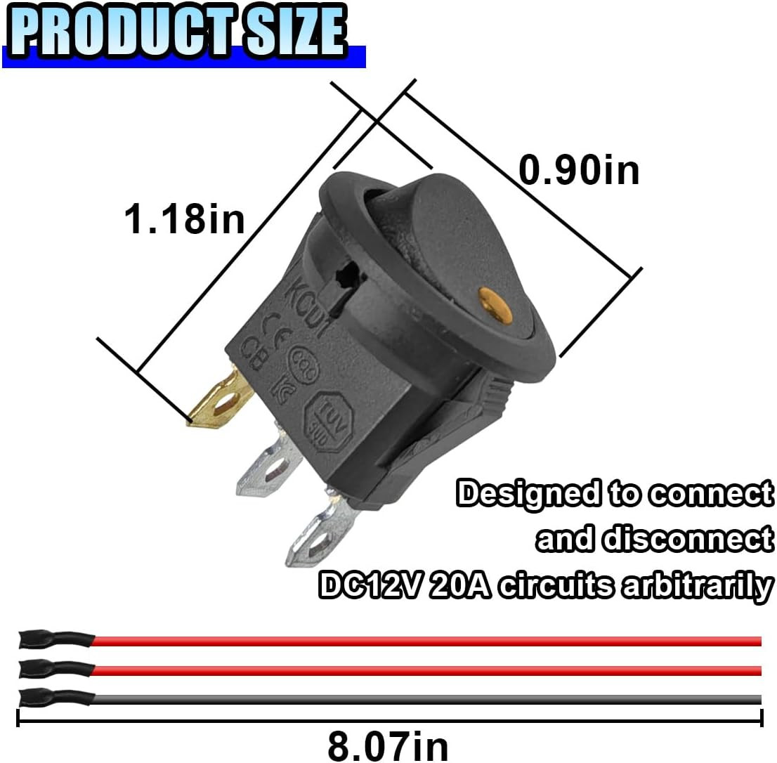 8PCS 12V 20A LED Light Circle round Toggle Rocker Switch, SPST 3 Pin KCD1 On-Off