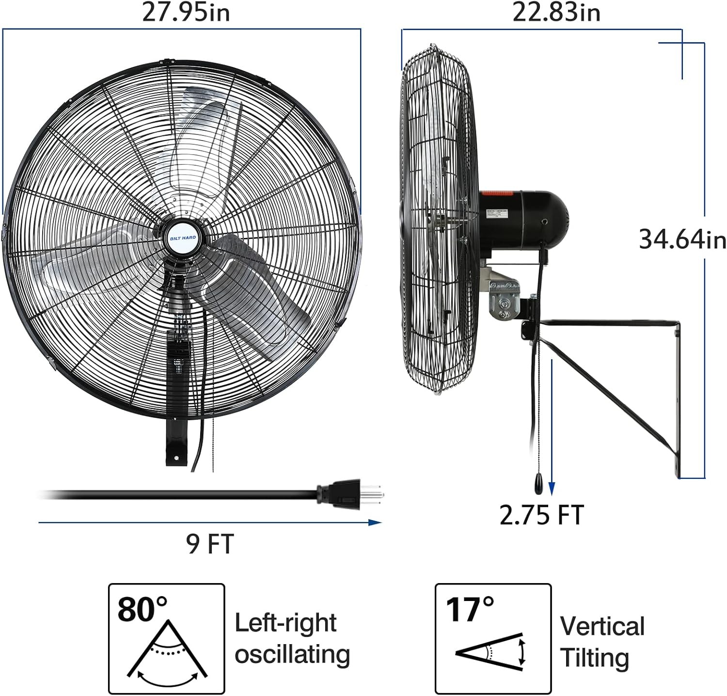 BILT HARD 6500 CFM 24″ Industrial Wall Fan 3 Speed for Garage UL Listed