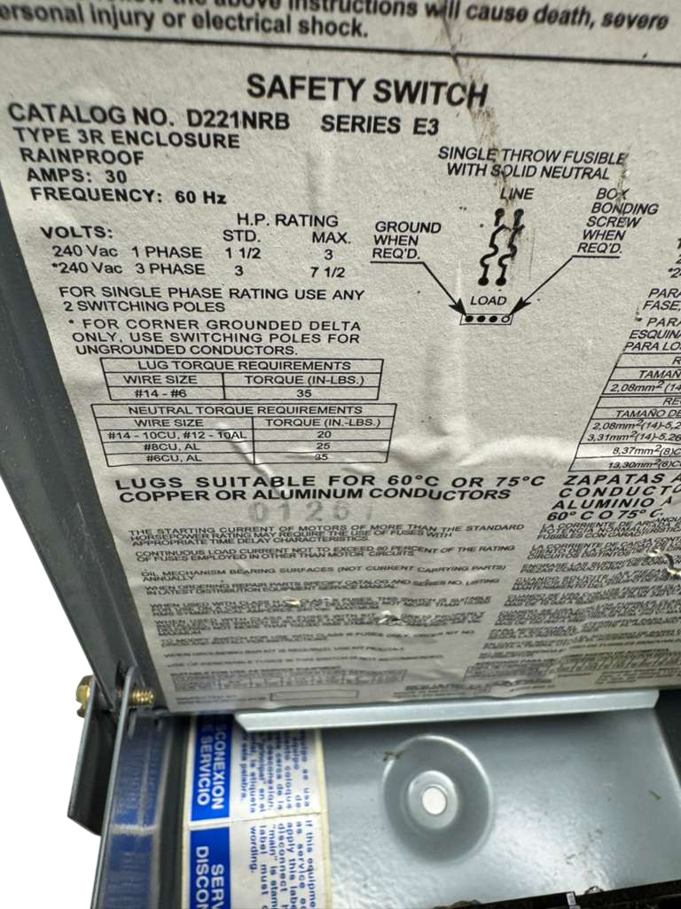 Square D D221NRB General Duty Safety Switch Series E3, 30A, 240VAC *Please Read*