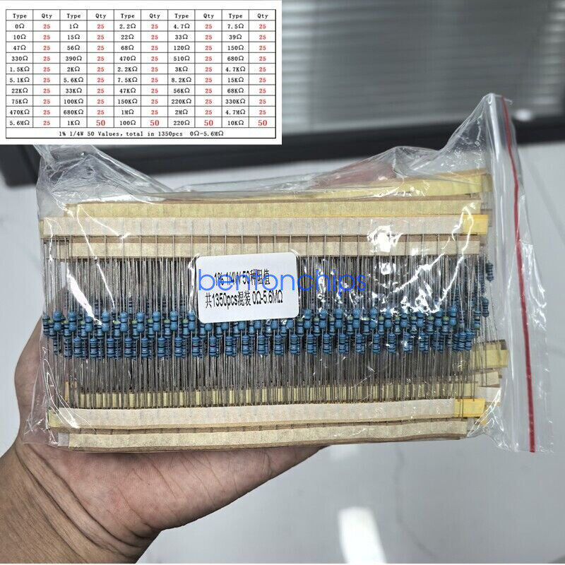 1% 1/4W 50 Values 1350 Pcs 0 Ohm-5.6M Ohm Metal Film Resistors Assortment Kit